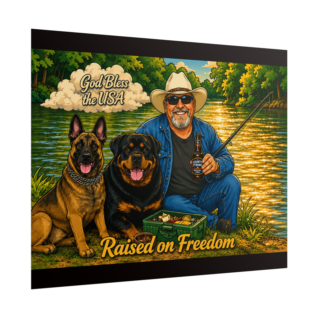 Raised on Freedom Poster — "God Bless the USA" Fishing Scene with Dogs