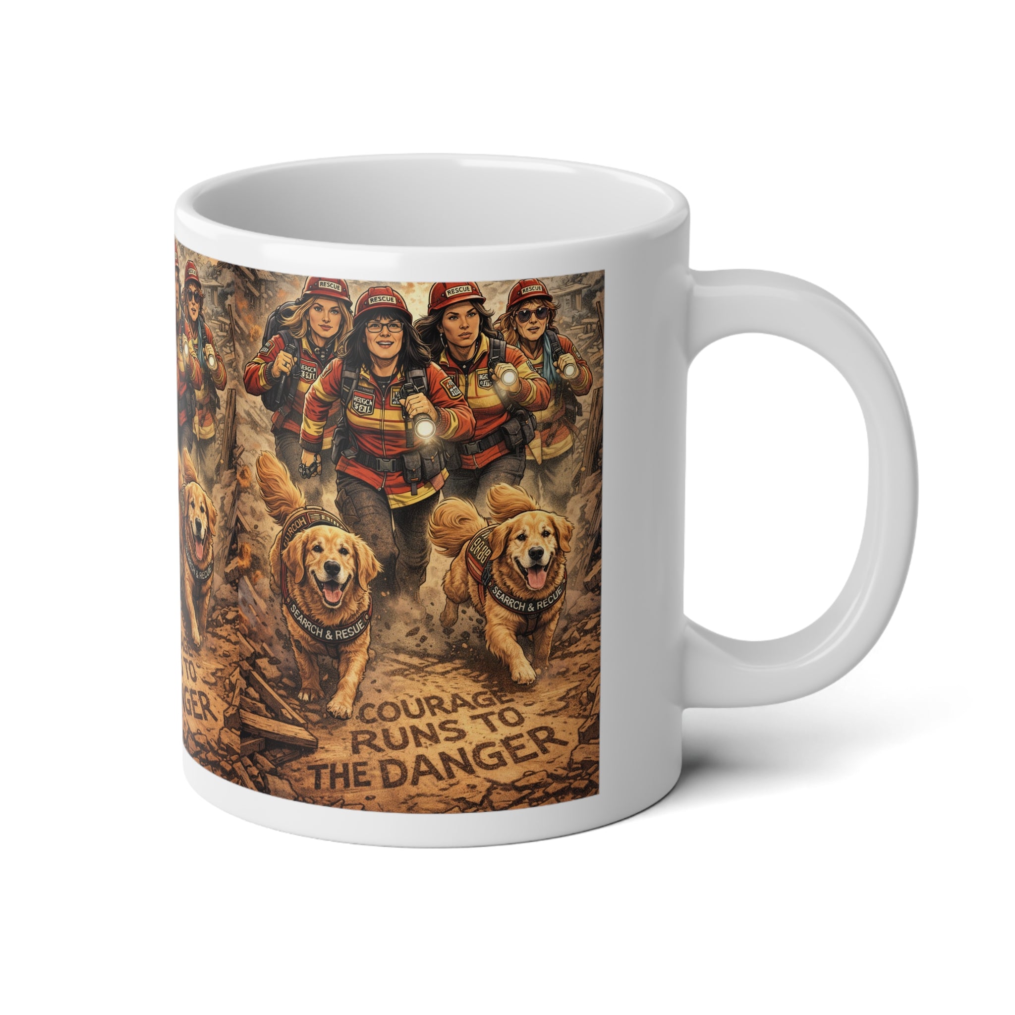 Firefighter Rescue Dogs 20oz Jumbo Mug — "Courage Runs to the Danger" Tribute Coffee Cup