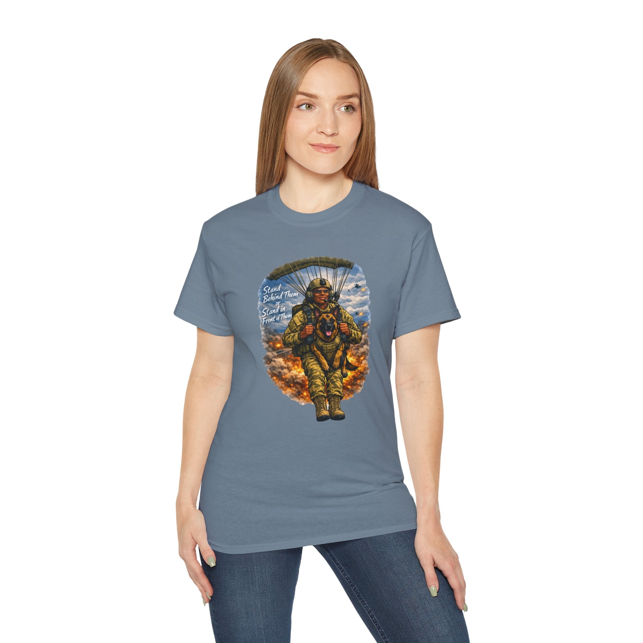 Paratrooper Veteran T‑Shirt – 'Stand Behind Those Who Served' Military Parachute Graphic Tee