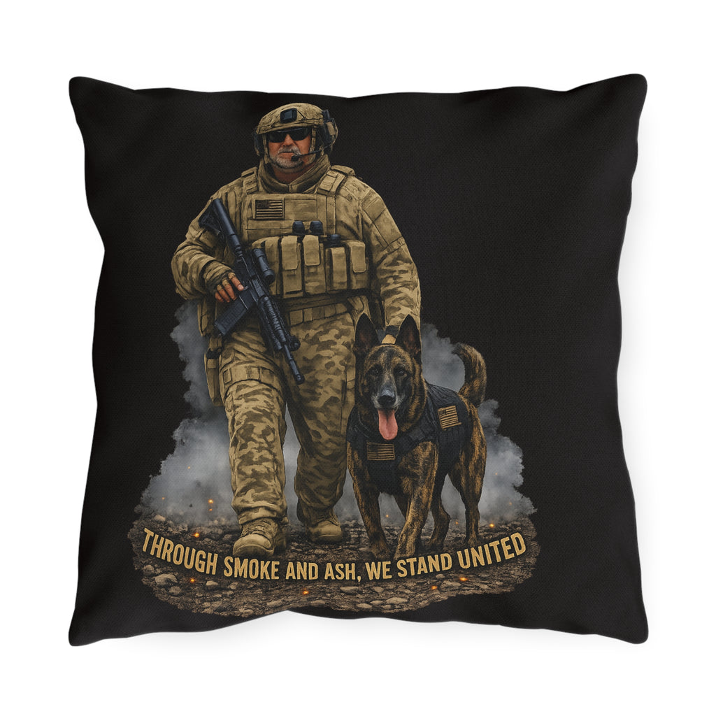 Tactical Soldier & K9 Outdoor Pillow — "Through Smoke and Ash, We Stand United"