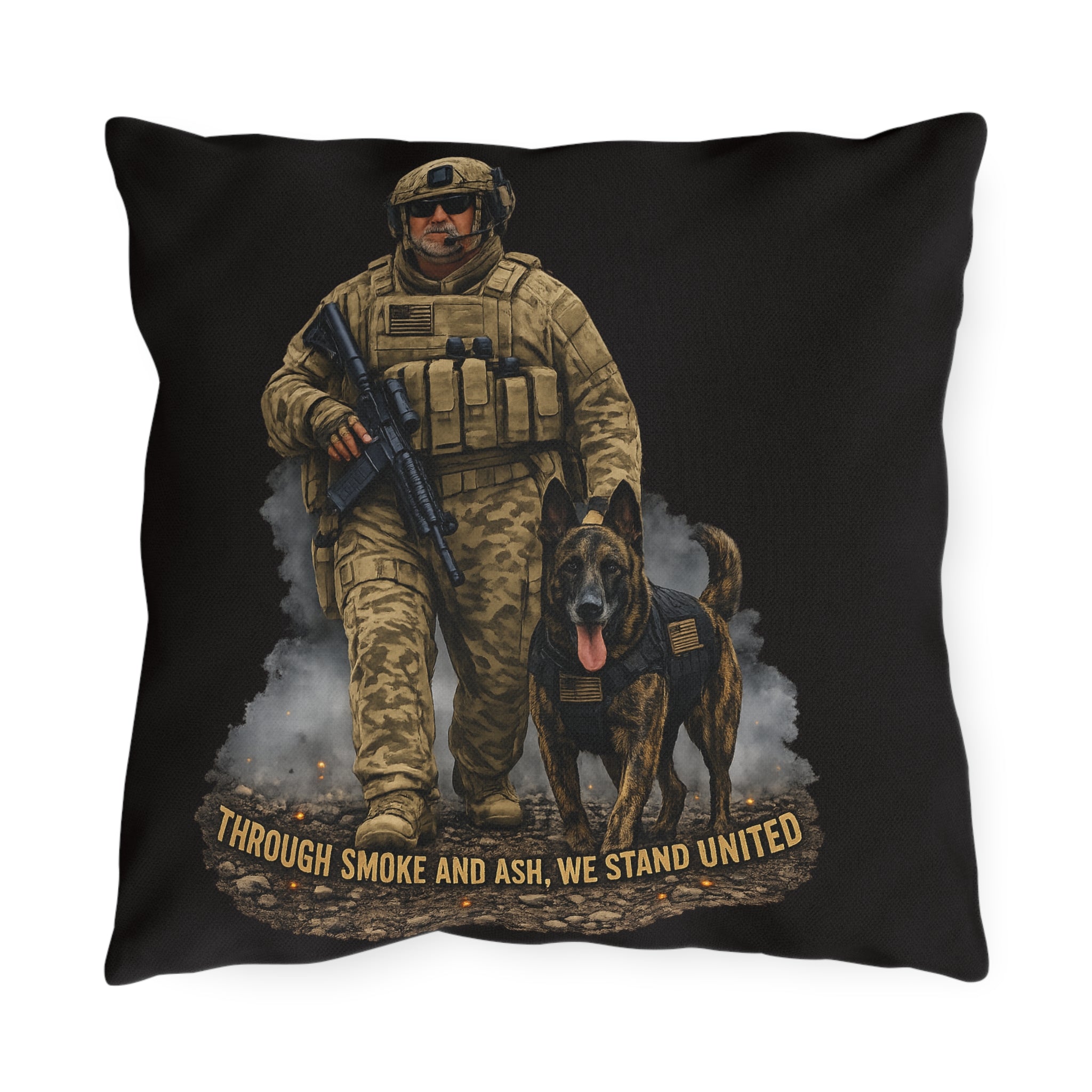 Tactical Soldier & K9 Outdoor Pillow — "Through Smoke and Ash, We Stand United"