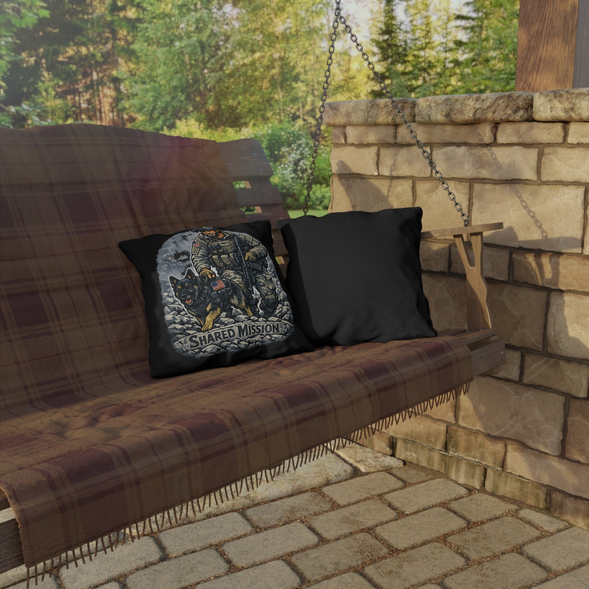 Shared Mission Military Dog Outdoor Pillow – K9 Handler Decorative Throw