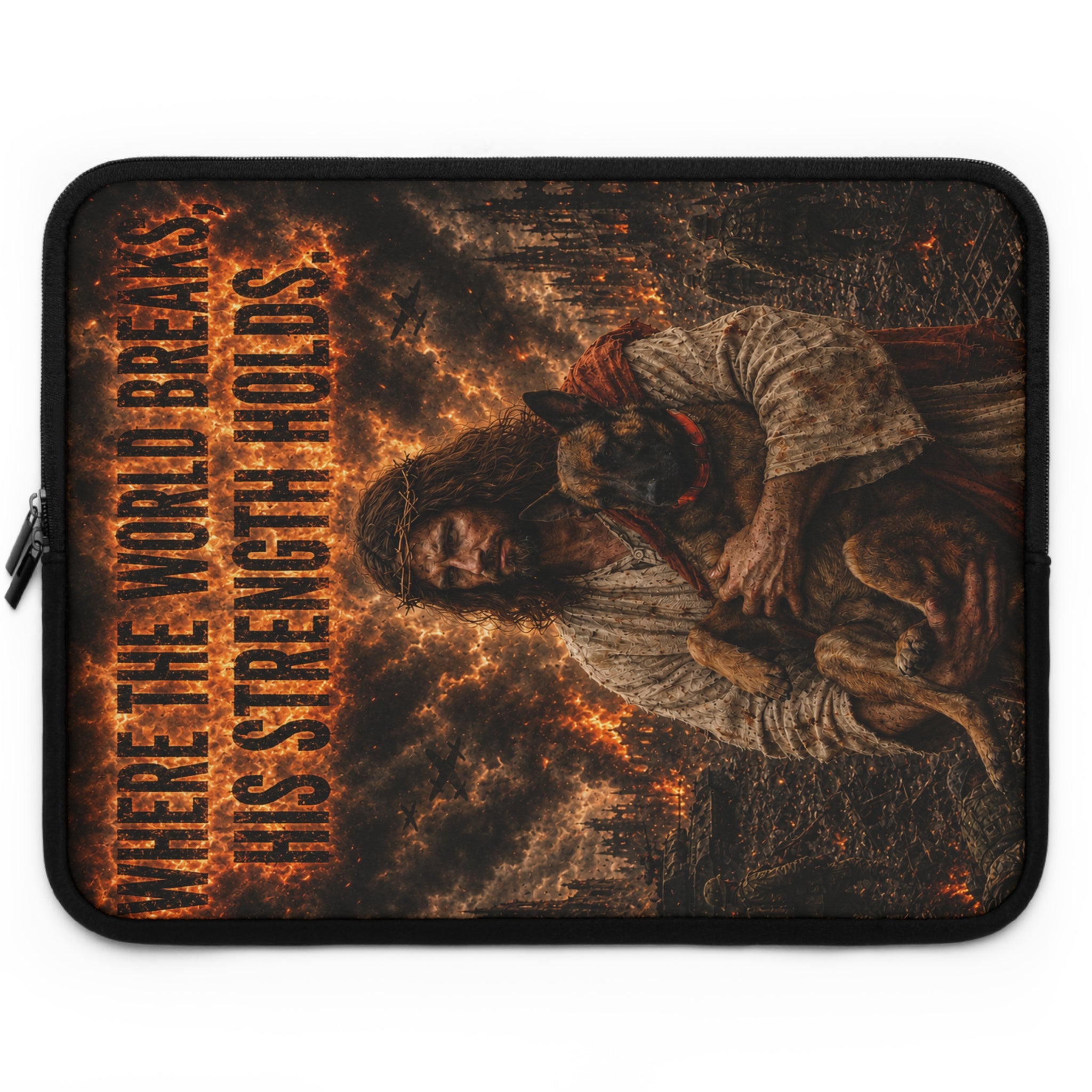 Jesus with Dog Laptop Sleeve — "Where the World Breaks, His Strength Holds" Christian Protective Sleeve