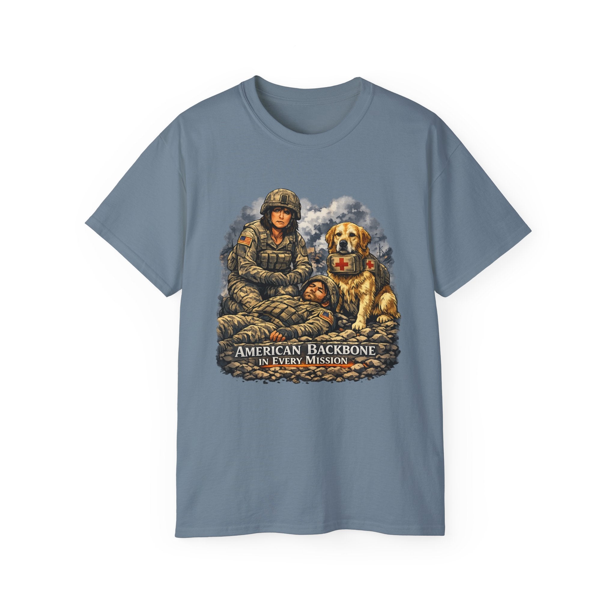 Military Veteran T‑Shirt – "American Backbone" Soldier & Service Dog Tribute Tee