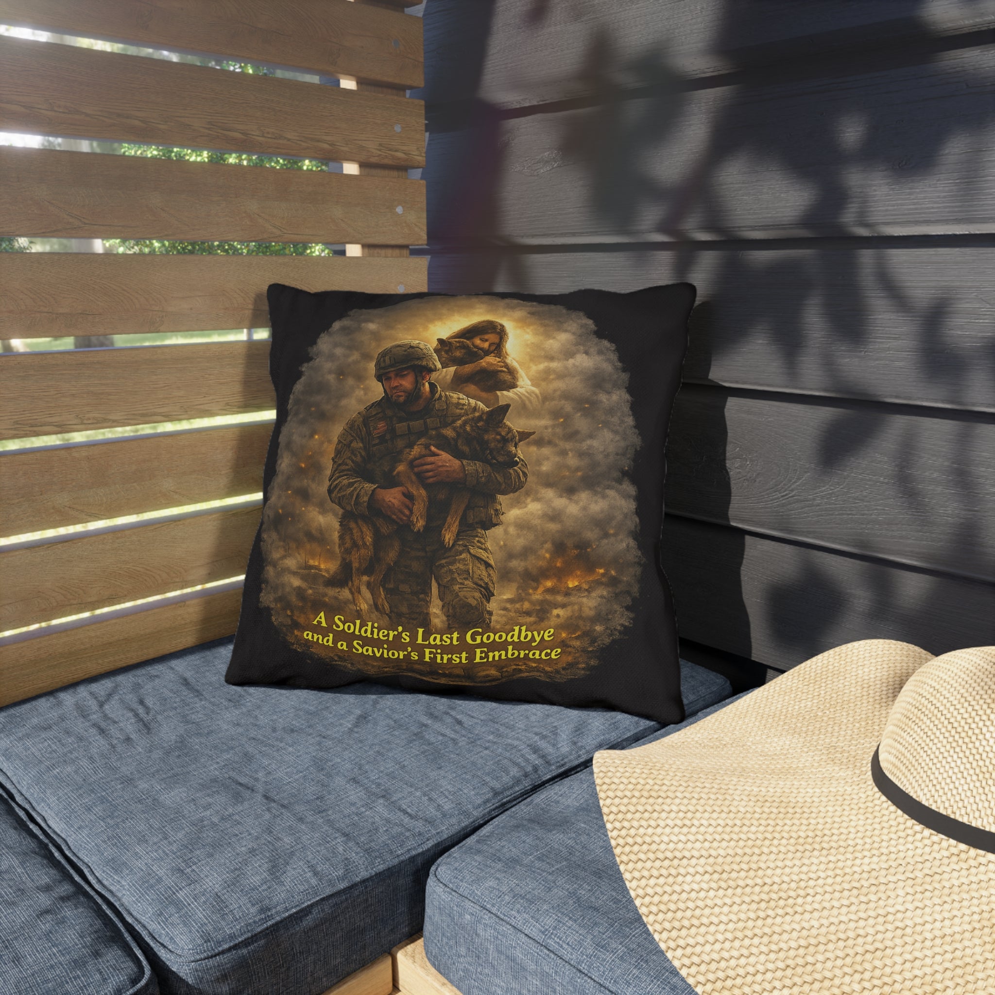 Outdoor Pillow – 'A Soldier's Last Goodbye and a Savior's First Embrace' Memorial Decorative Pillow