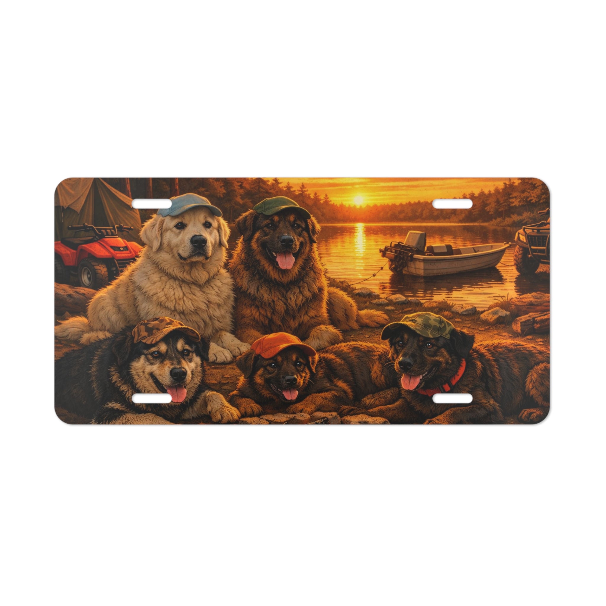 Sunset Fishing Dogs Vanity Plate — Cute Retriever & Hound License Plate