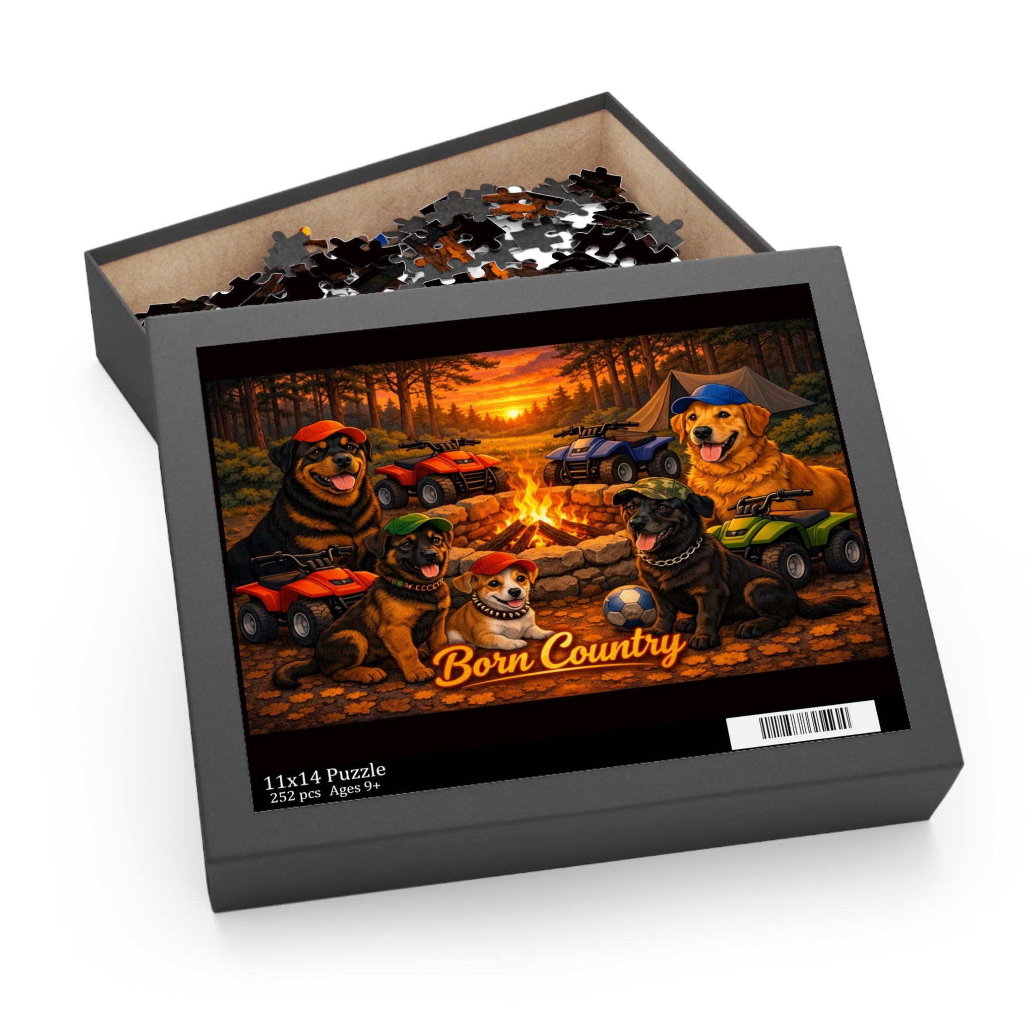 Born Country Camping Dogs Jigsaw Puzzle — Scenic Campfire ATV Scene (120/252/500 pcs)