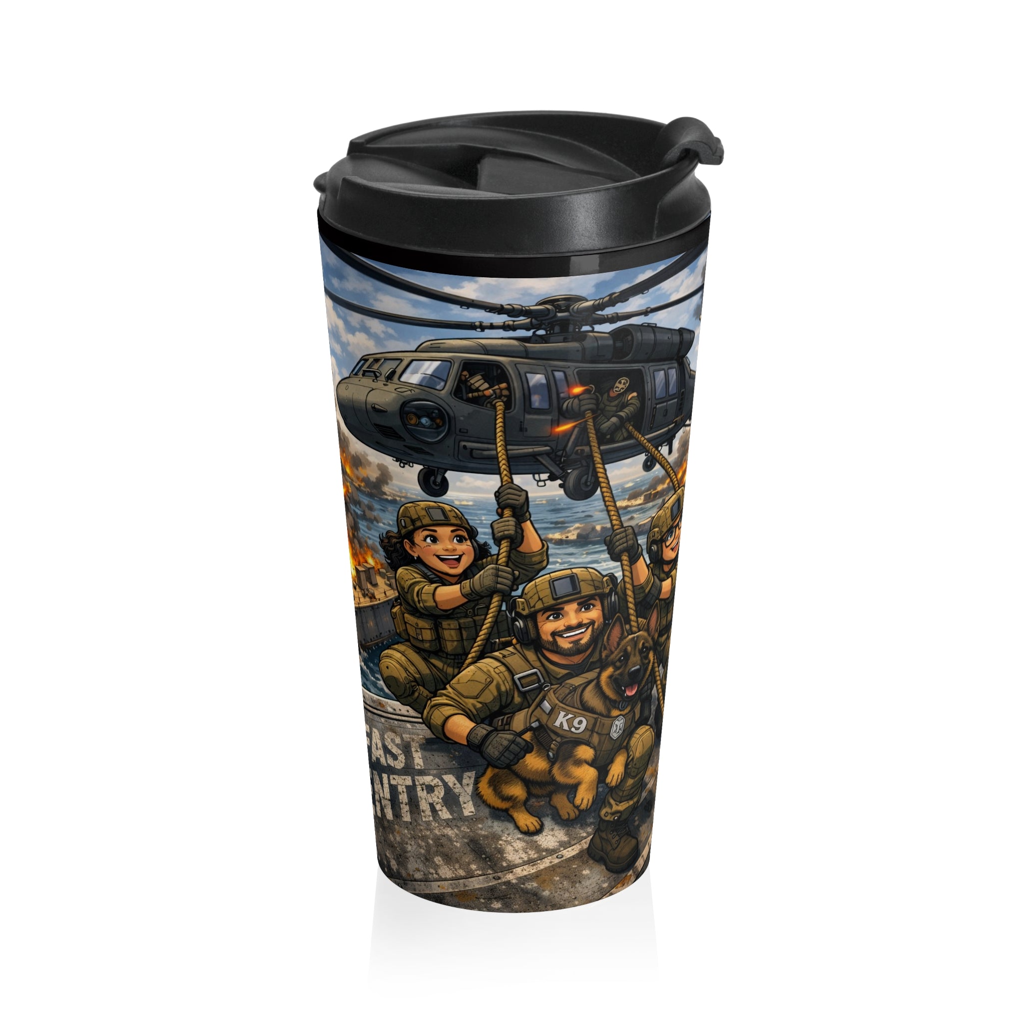 Military Aviation Travel Mug — Fast-Entry Troops Combat Scene Stainless Steel Tumbler