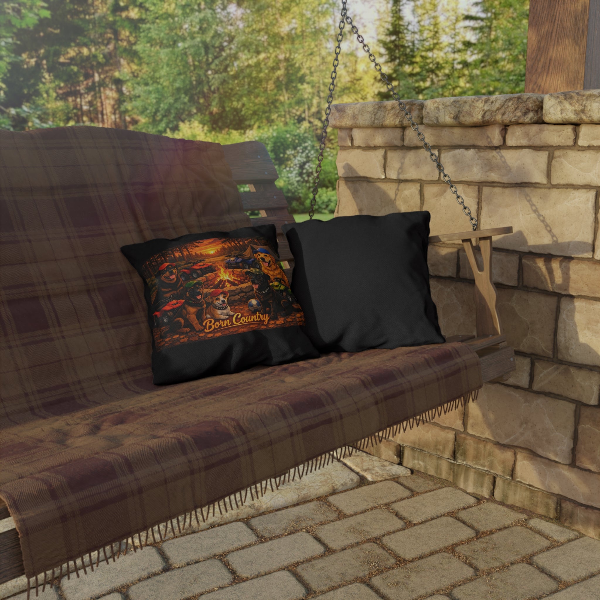 Born Country Camping Dogs Outdoor Pillow — Campfire ATV Canine Throw