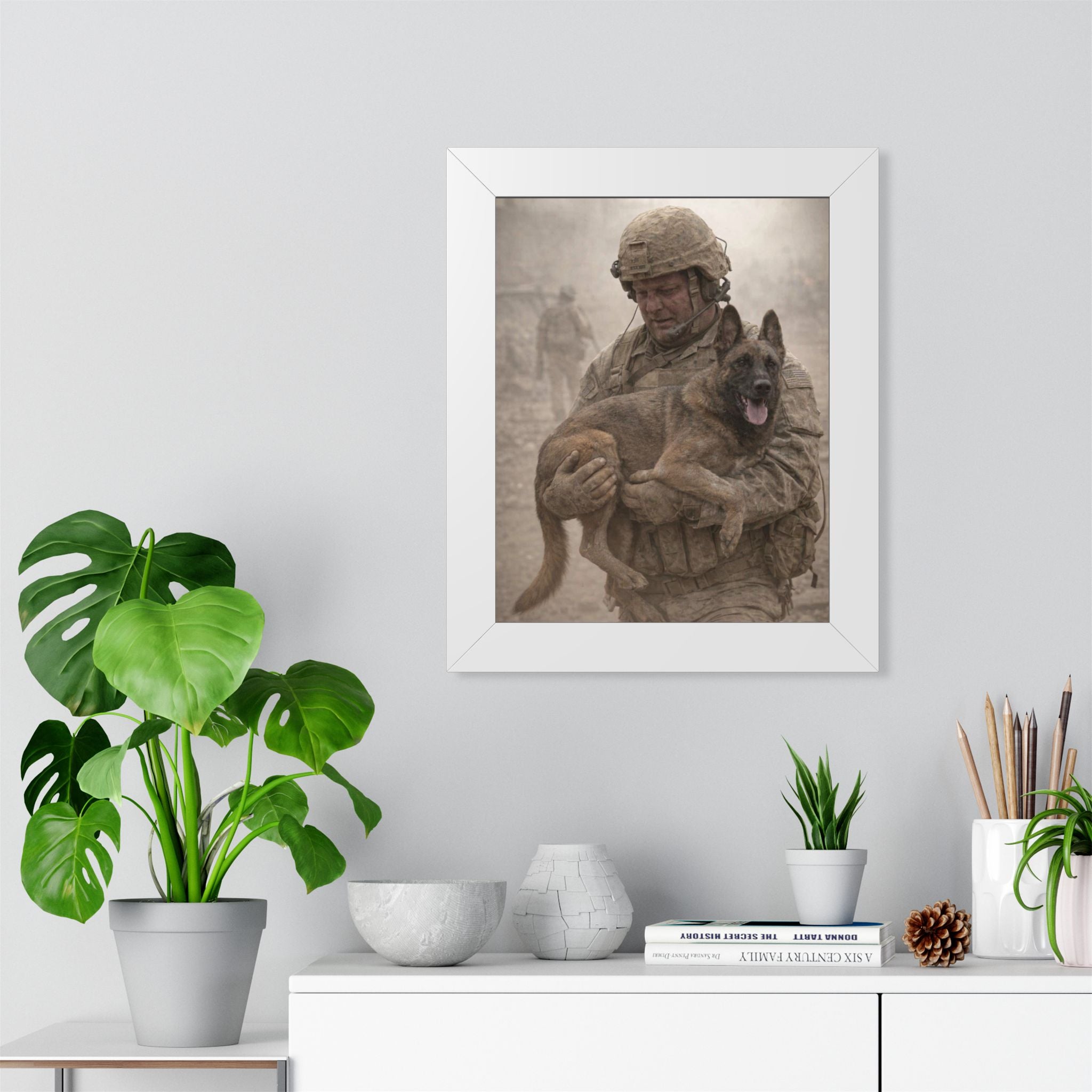 Framed Poster — Soldier Holding Military Working Dog (Veteran Tribute)