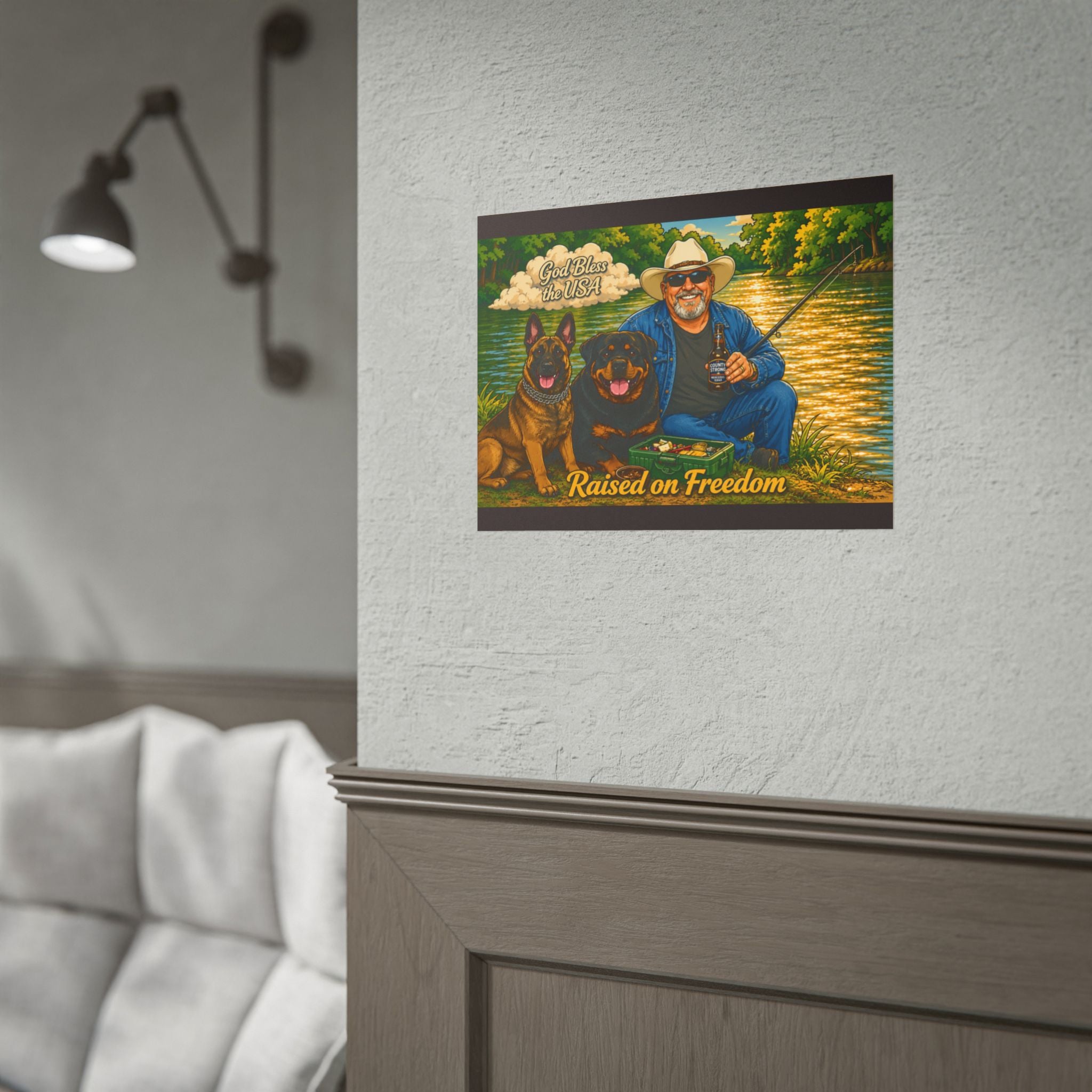 Raised on Freedom Poster — "God Bless the USA" Fishing Scene with Dogs