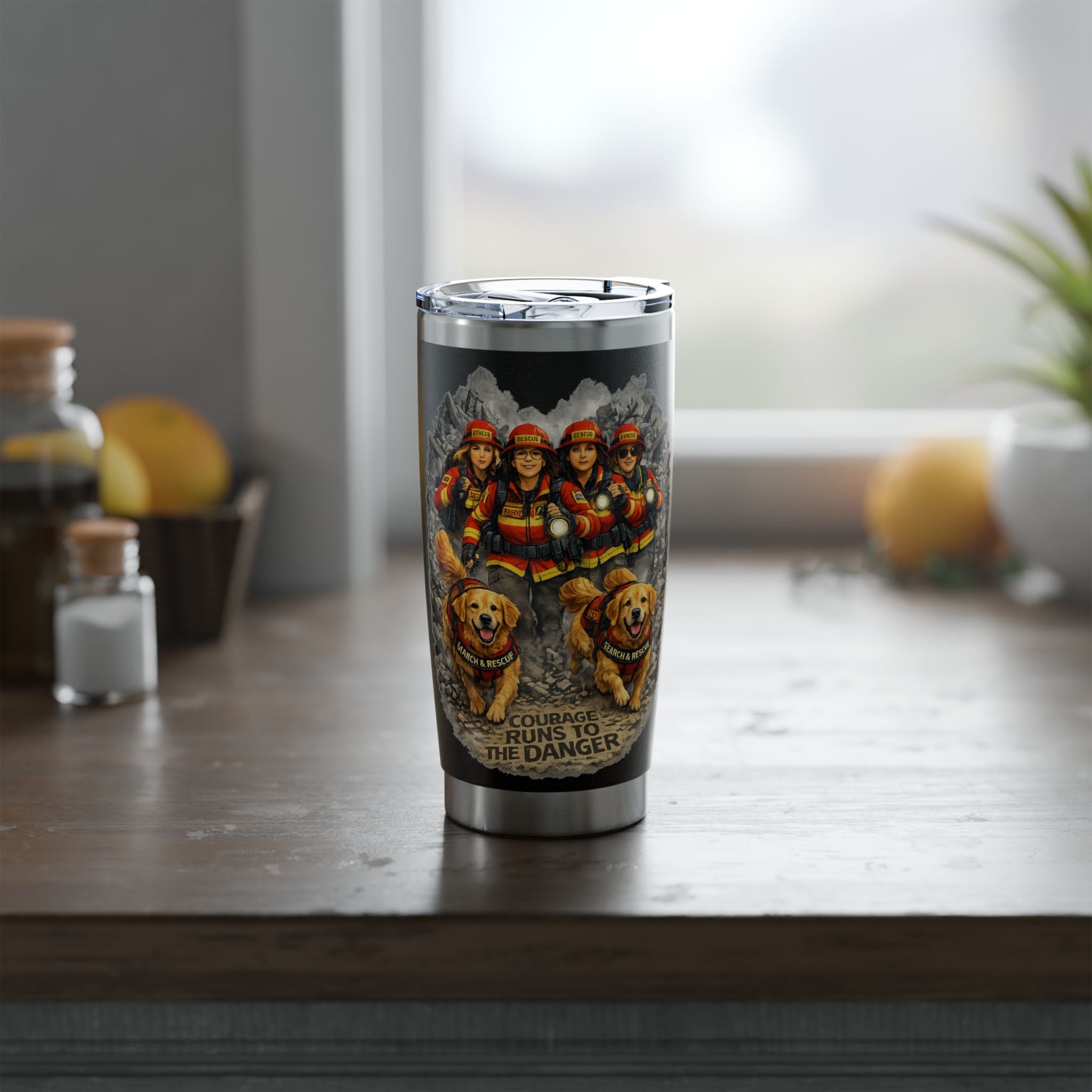Firefighter Dog Tumbler — Golden Retriever Rescue Crew 20oz Insulated Travel Cup