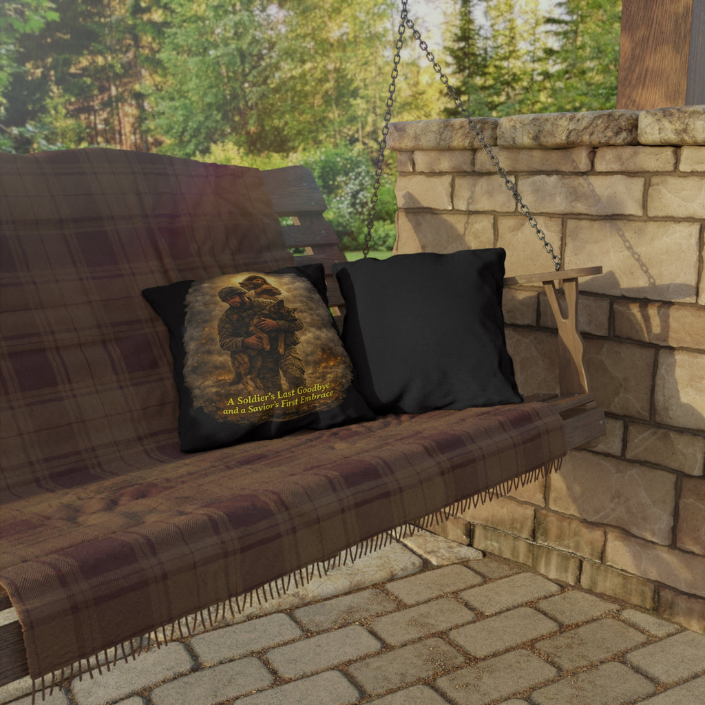 Outdoor Pillow – 'A Soldier's Last Goodbye and a Savior's First Embrace' Memorial Decorative Pillow