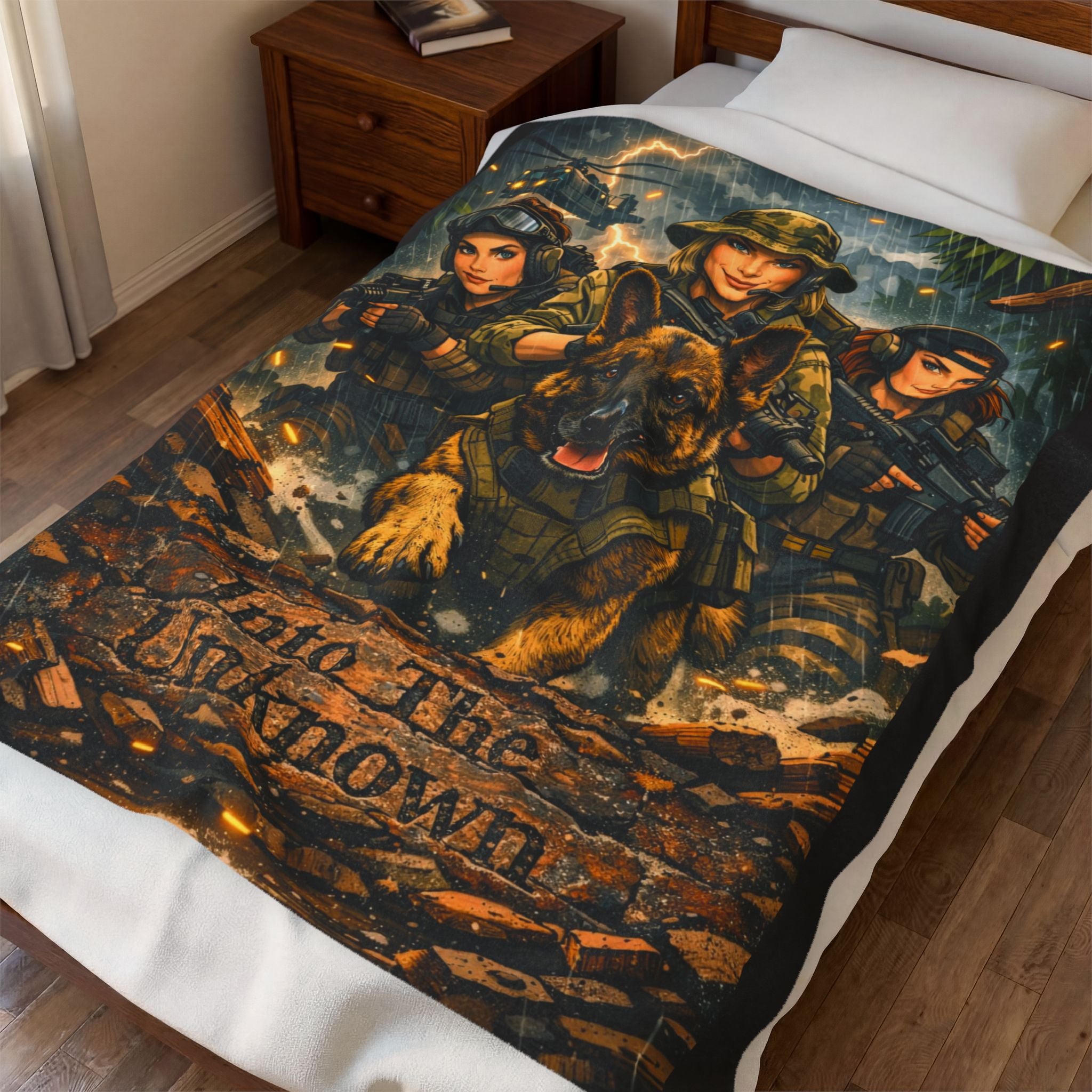 Into The Unknown Military Dog & Soldiers Velveteen Plush Blanket