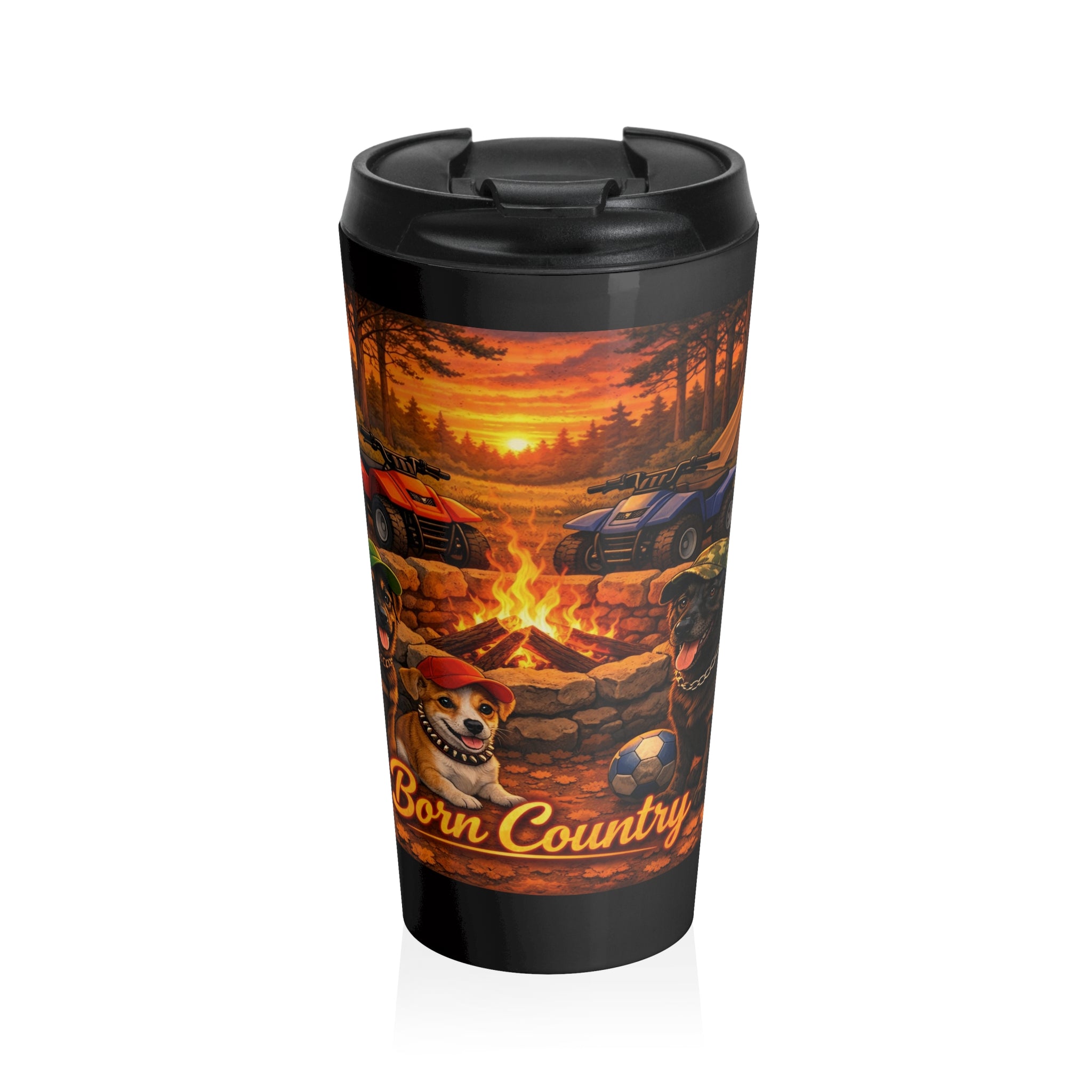 Born Country Campfire Travel Mug — Rustic Dogs & ATVs Stainless Steel Tumbler