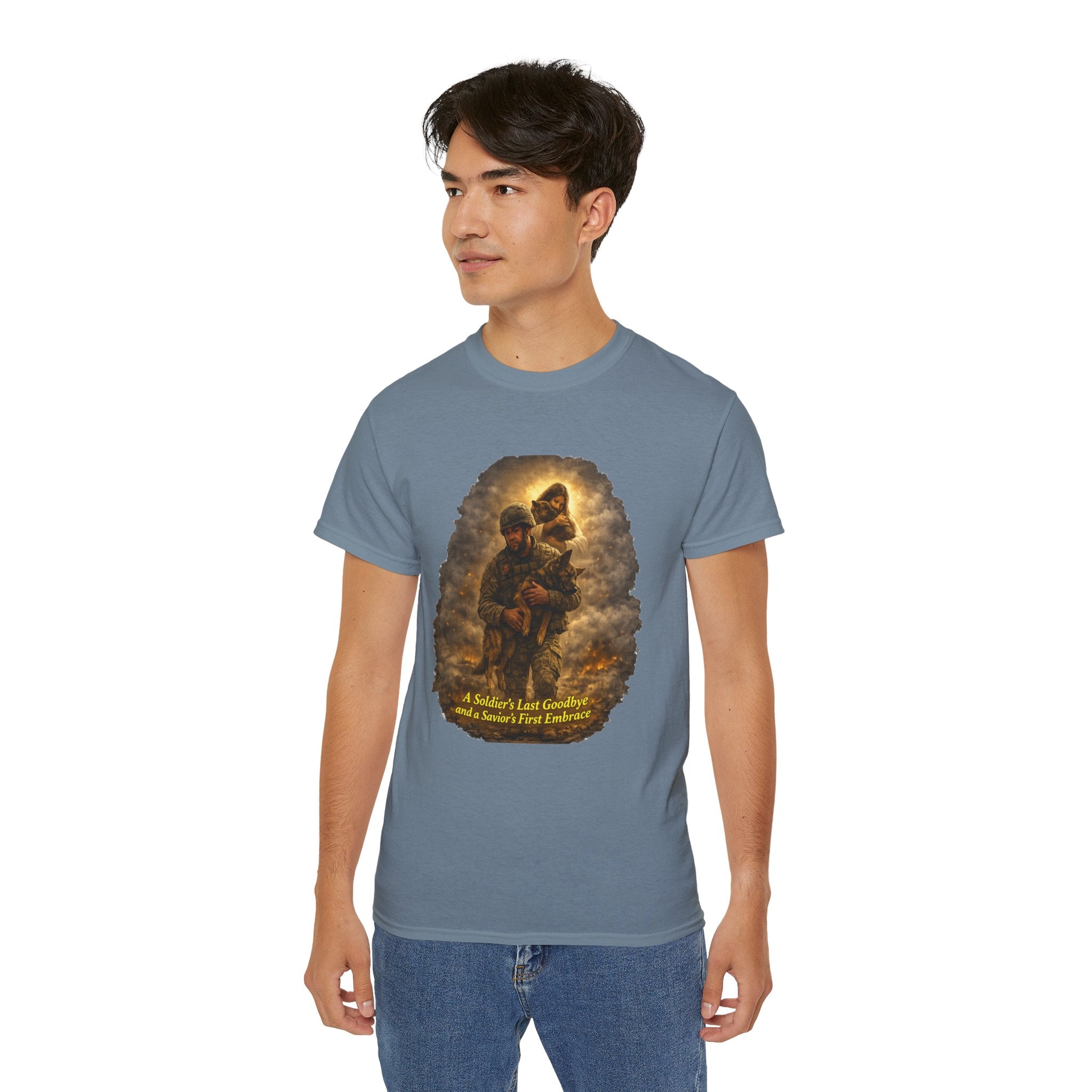 T-Shirt — "A Soldier's Last Goodbye and a Savior's First Embrace" Patriotic Military Tribute