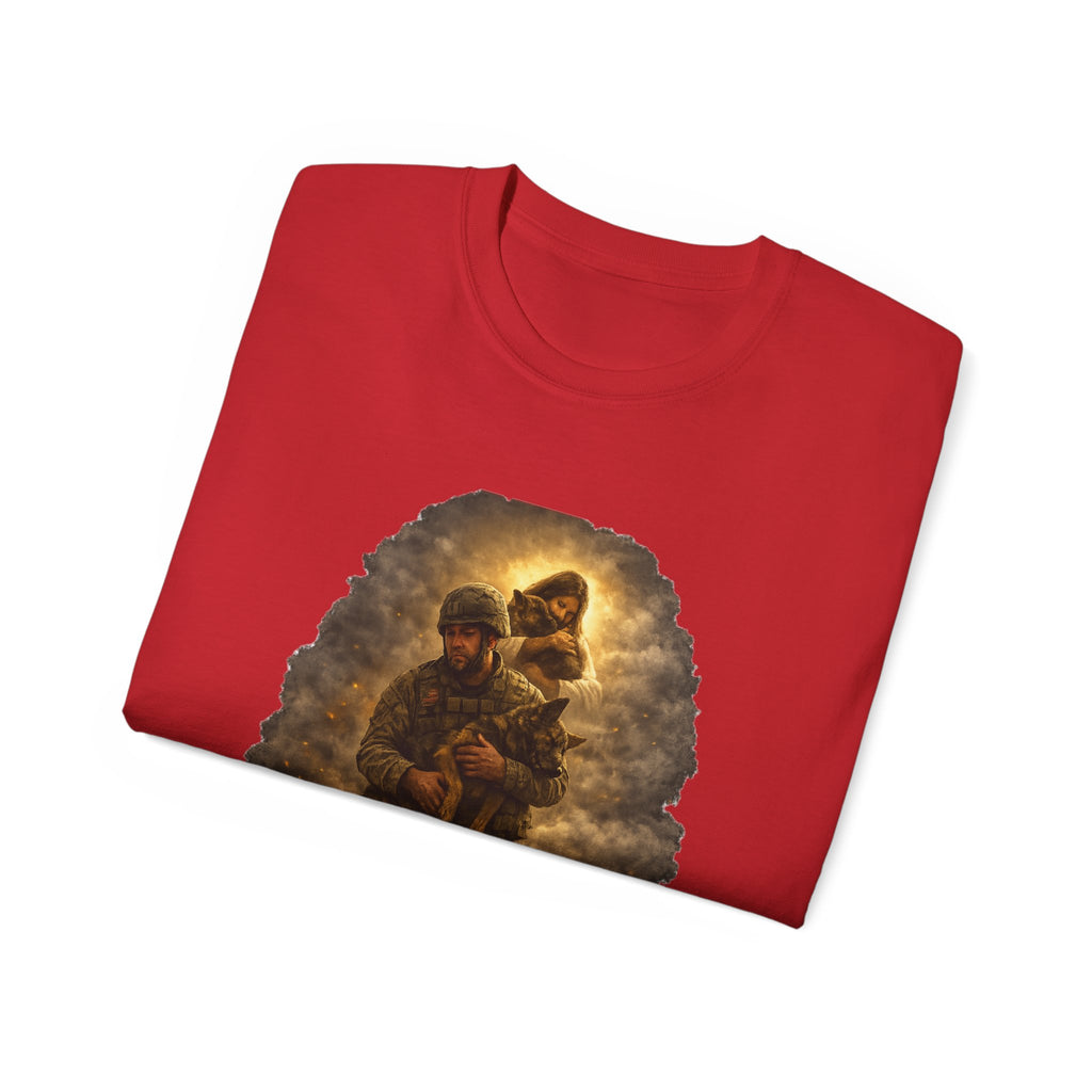 T-Shirt — "A Soldier's Last Goodbye and a Savior's First Embrace" Patriotic Military Tribute