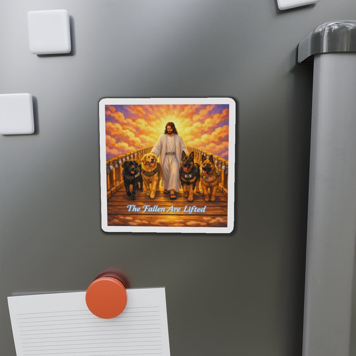 Jesus with K-9s Die-Cut Magnet — "The Fallen Are Lifted"