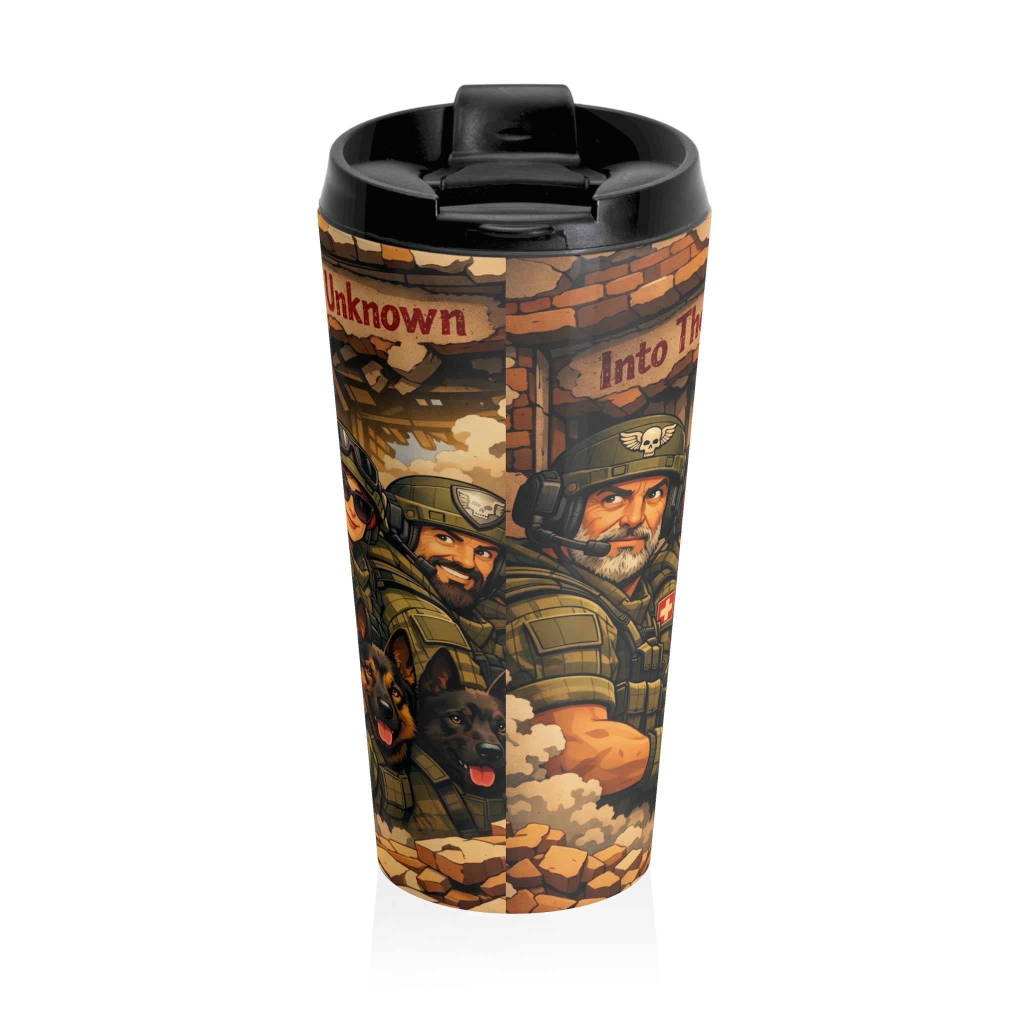Military Tactical Travel Mug – ‘Into The Unknown’ Soldiers & K9 Stainless Steel Tumbler