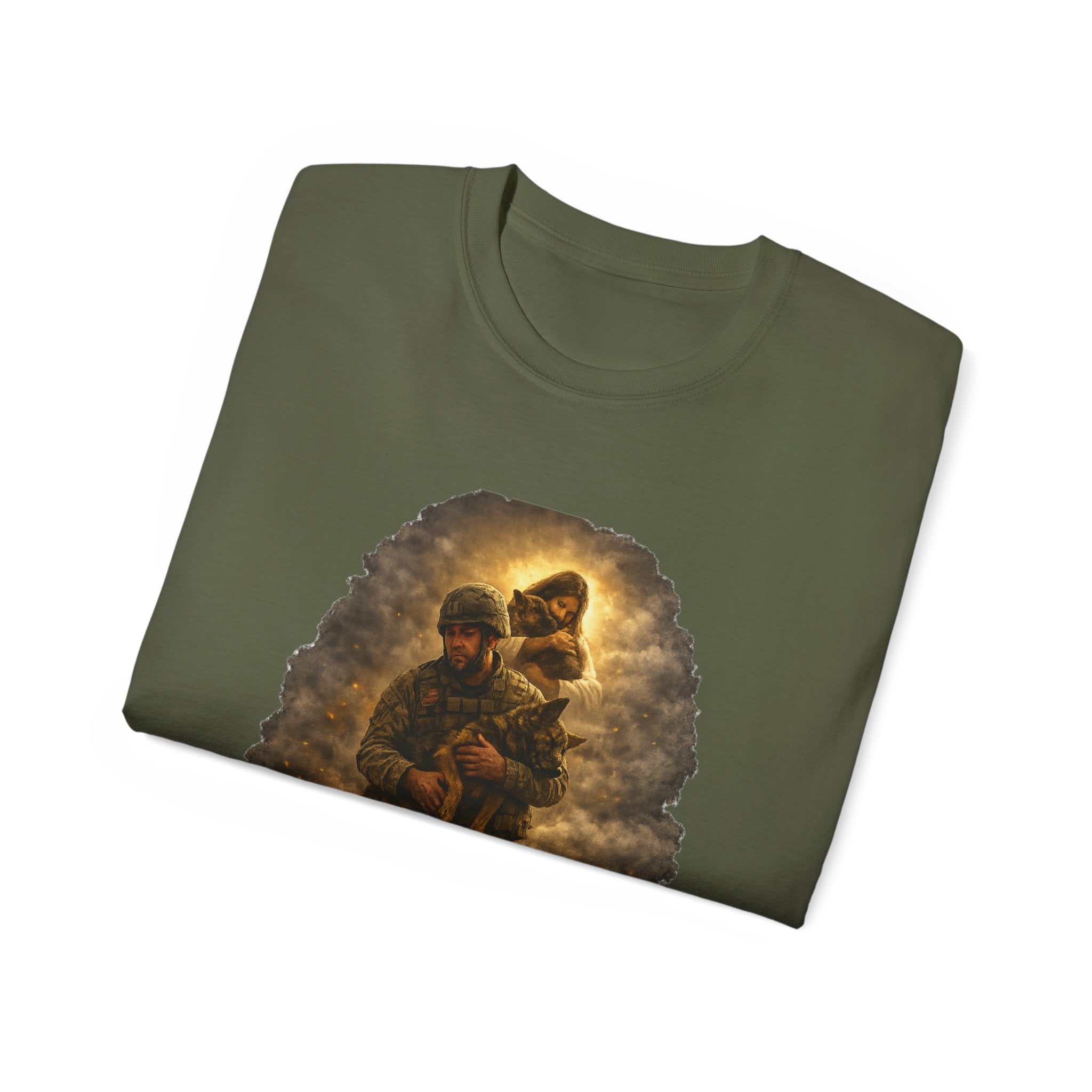 T-Shirt — "A Soldier's Last Goodbye and a Savior's First Embrace" Patriotic Military Tribute