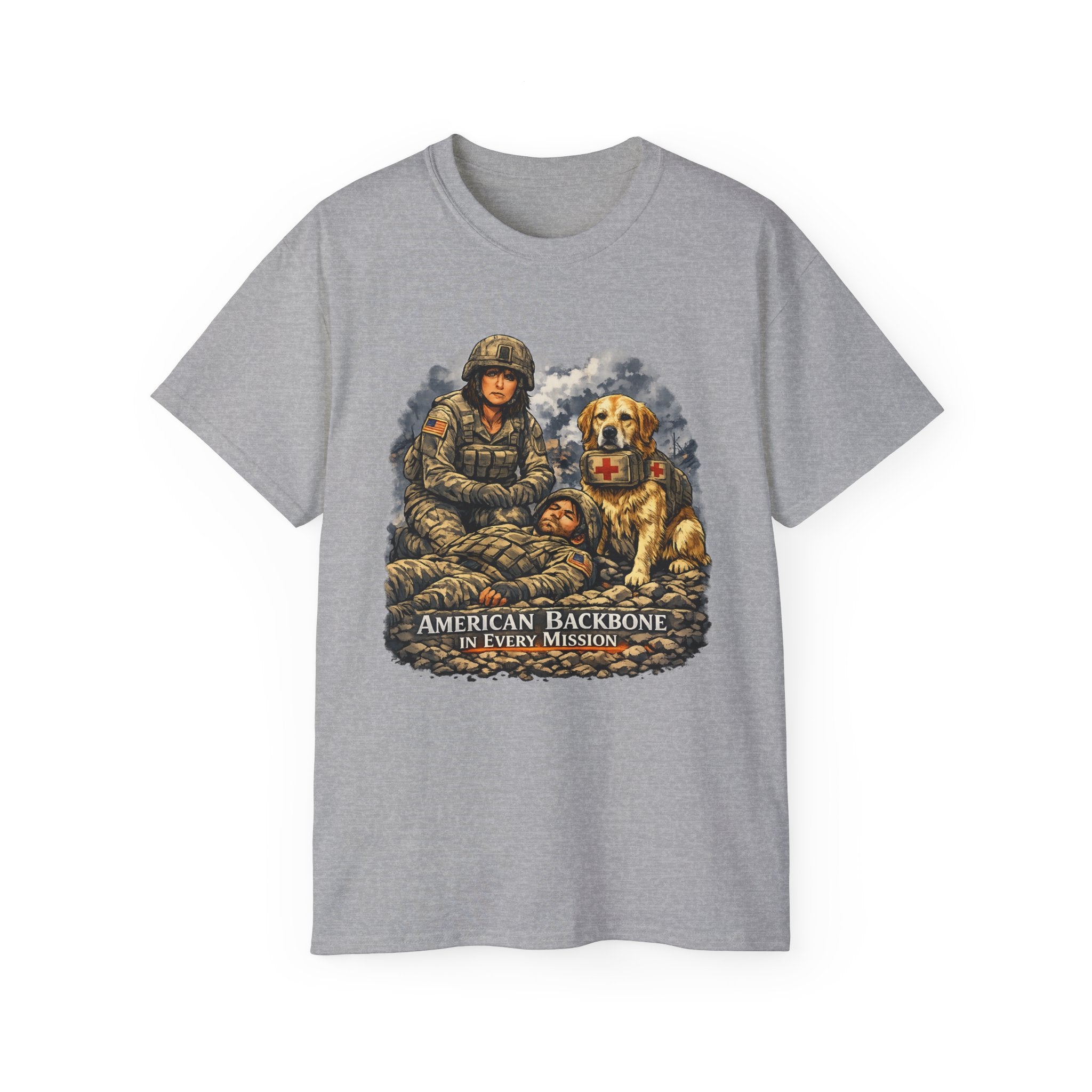 Military Veteran T‑Shirt – "American Backbone" Soldier & Service Dog Tribute Tee