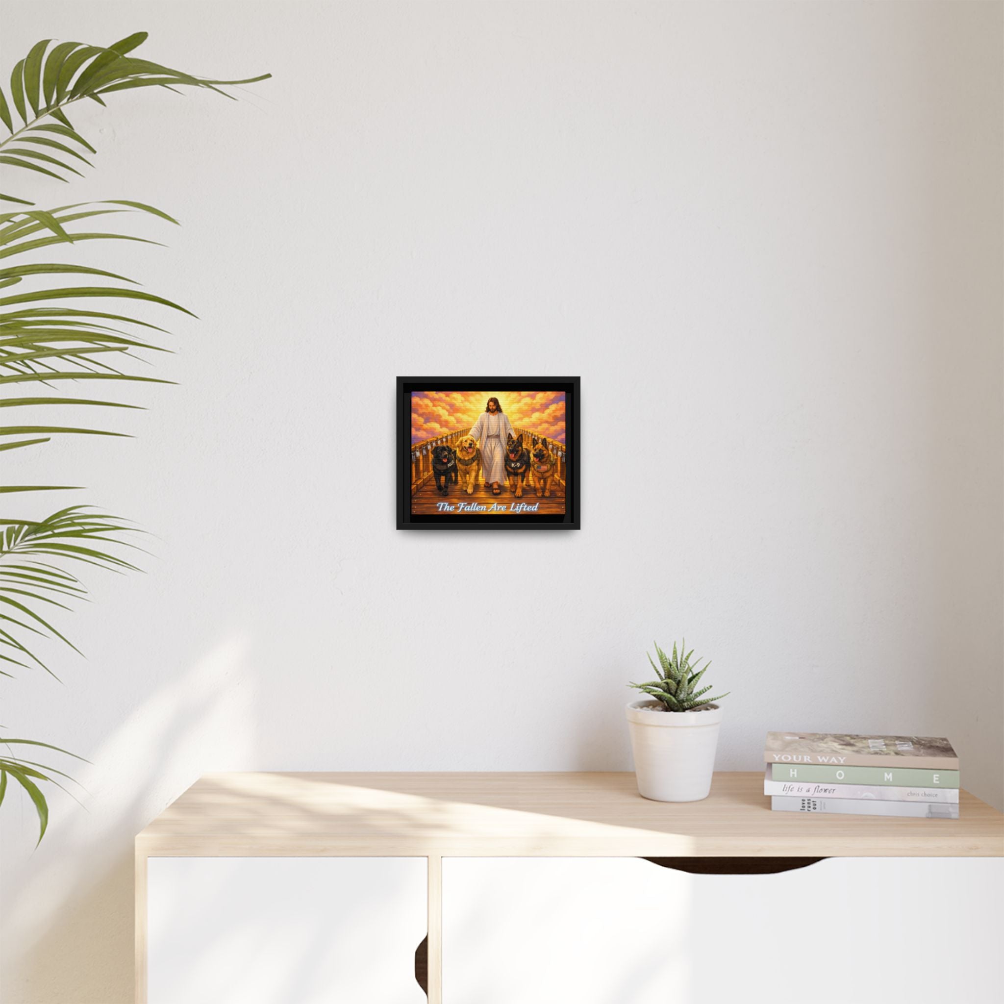 Framed Canvas Wall Art – “The Fallen Are Lifted” Jesus with K-9 Dogs Memorial Print
