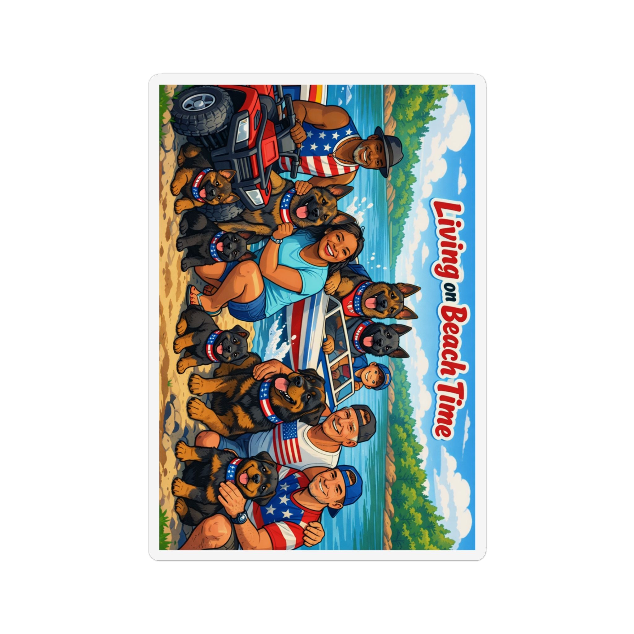Beach Family Dogs Custom Shape Magnet — "Living on Beach Time" Patriotic Summer Car & Fridge Magnet