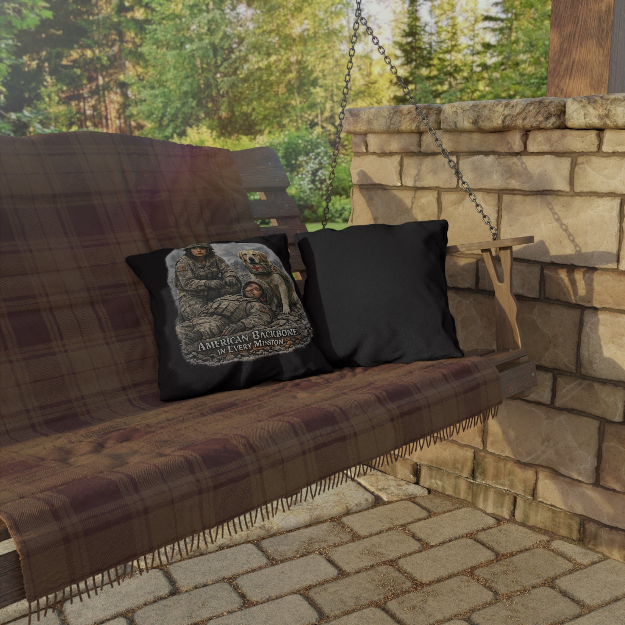 Military Rescue Dog Outdoor Pillow — "American Backbone in Every Mission" Tribute Throw Pillow