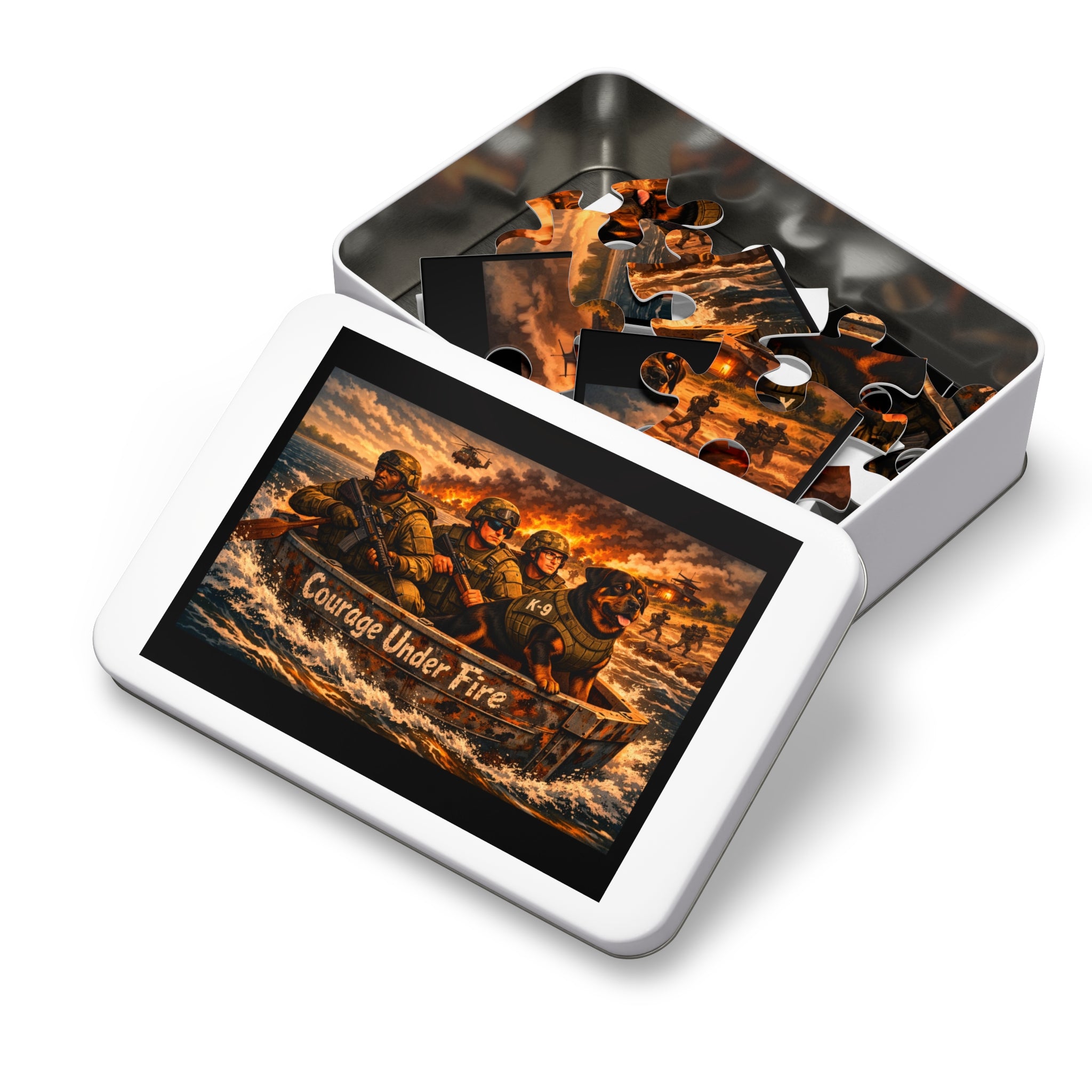 Jigsaw Puzzle — "Courage Under Fire" Military Rescue Scene (with Tin)