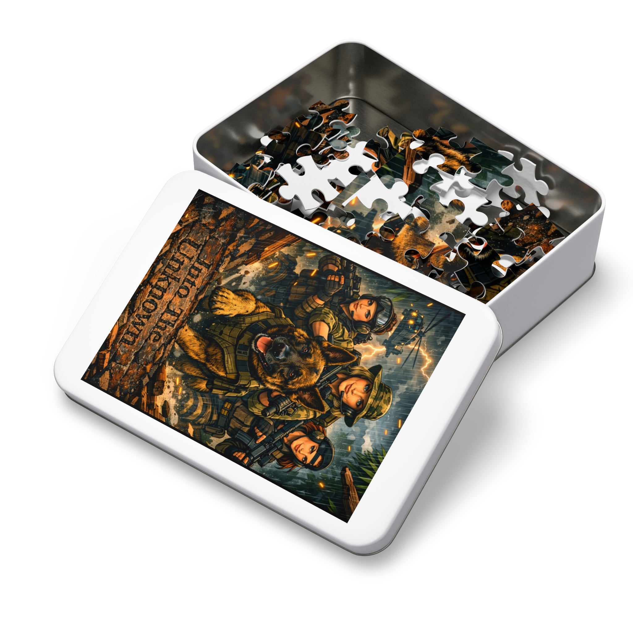 Military Dog Handler Jigsaw Puzzle with Tin — "Into The Unknown" Tactical Scene, 252-Piece Gift for Veterans & Military Families
