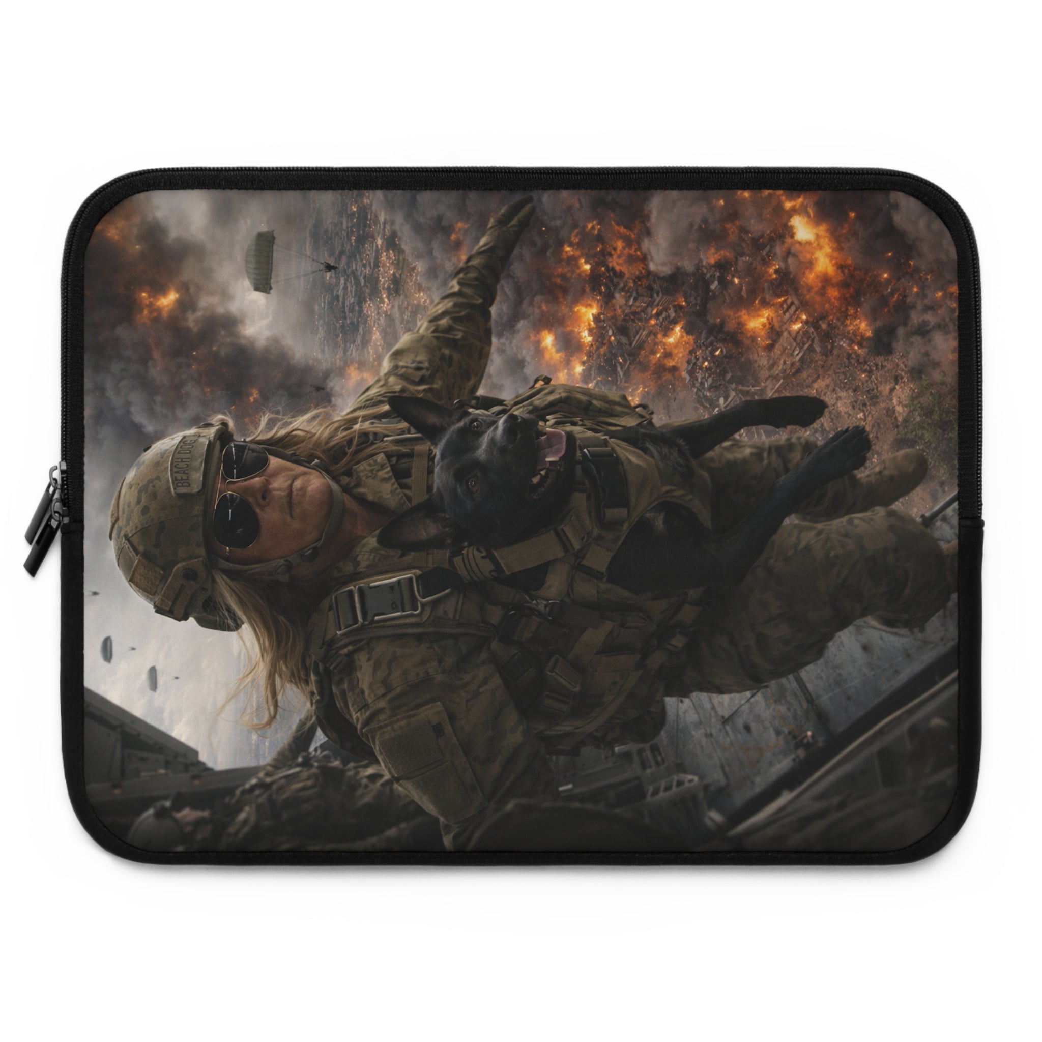 Military Action Laptop Sleeve — Combat Soldier Explosion Design