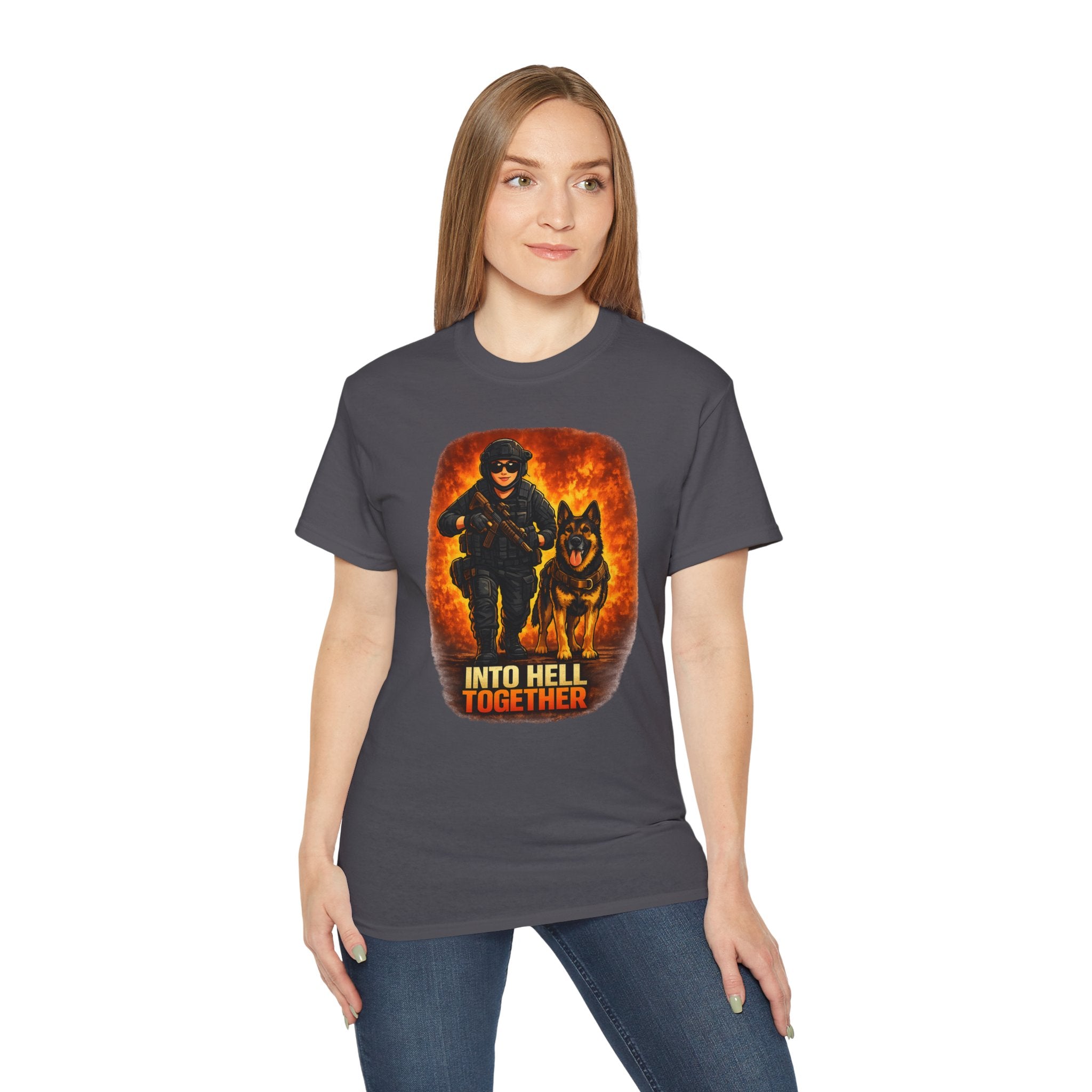 Firefighter & K-9 Tee — "Into Hell Together" Graphic Shirt