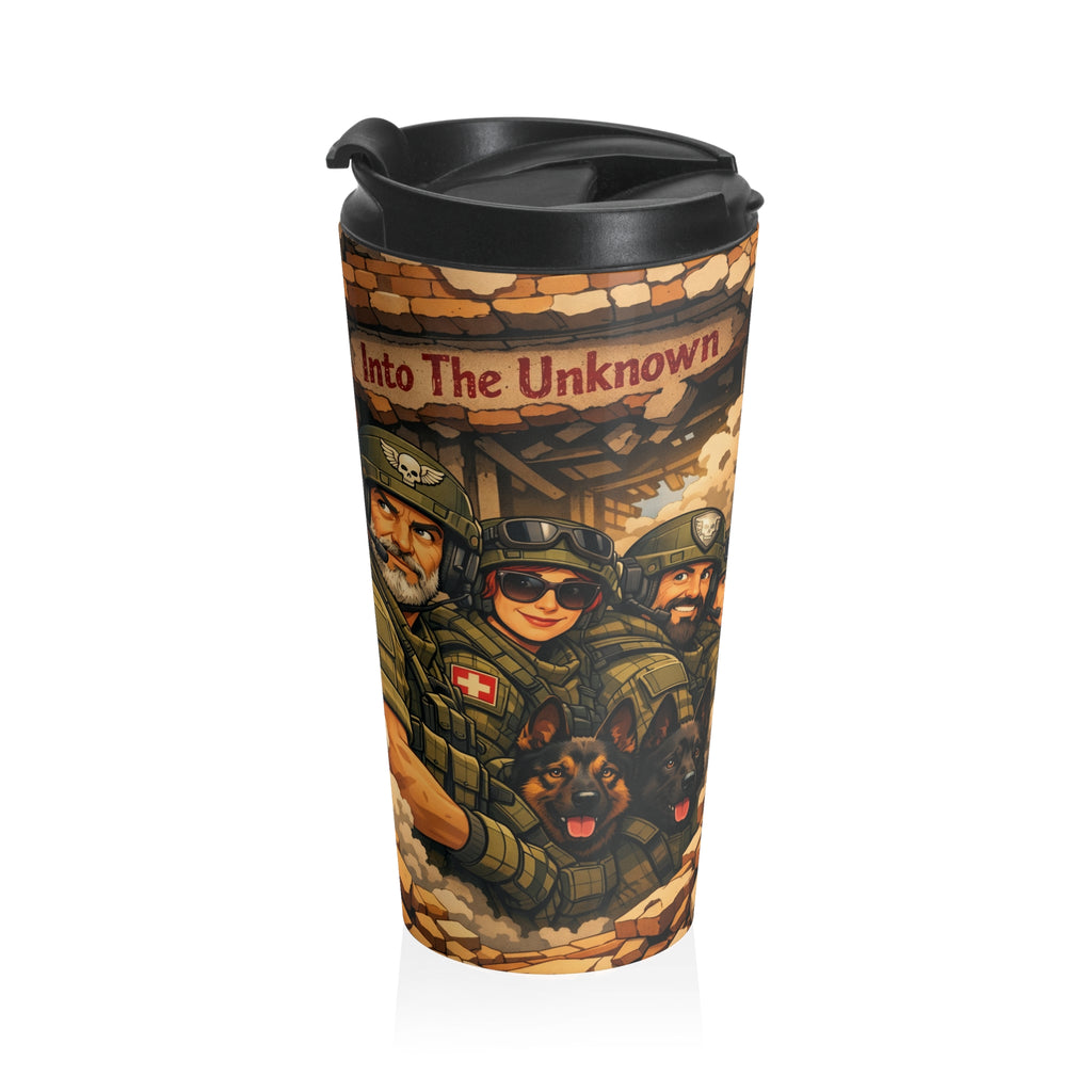 Military Tactical Travel Mug – ‘Into The Unknown’ Soldiers & K9 Stainless Steel Tumbler