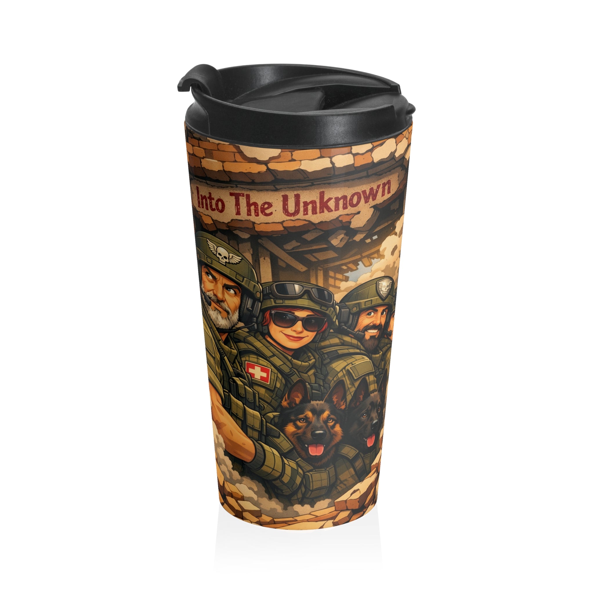 Military Tactical Travel Mug – ‘Into The Unknown’ Soldiers & K9 Stainless Steel Tumbler