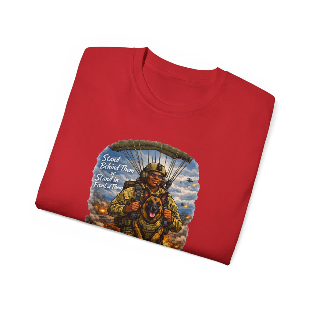 Paratrooper Veteran T‑Shirt – 'Stand Behind Those Who Served' Military Parachute Graphic Tee