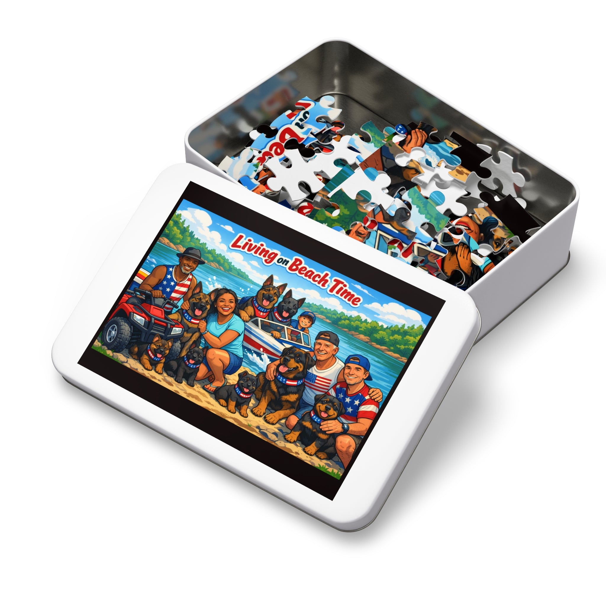 Beach Family & Dogs Jigsaw Puzzle with Tin — "Living on Beach Time" 500-Piece Gift
