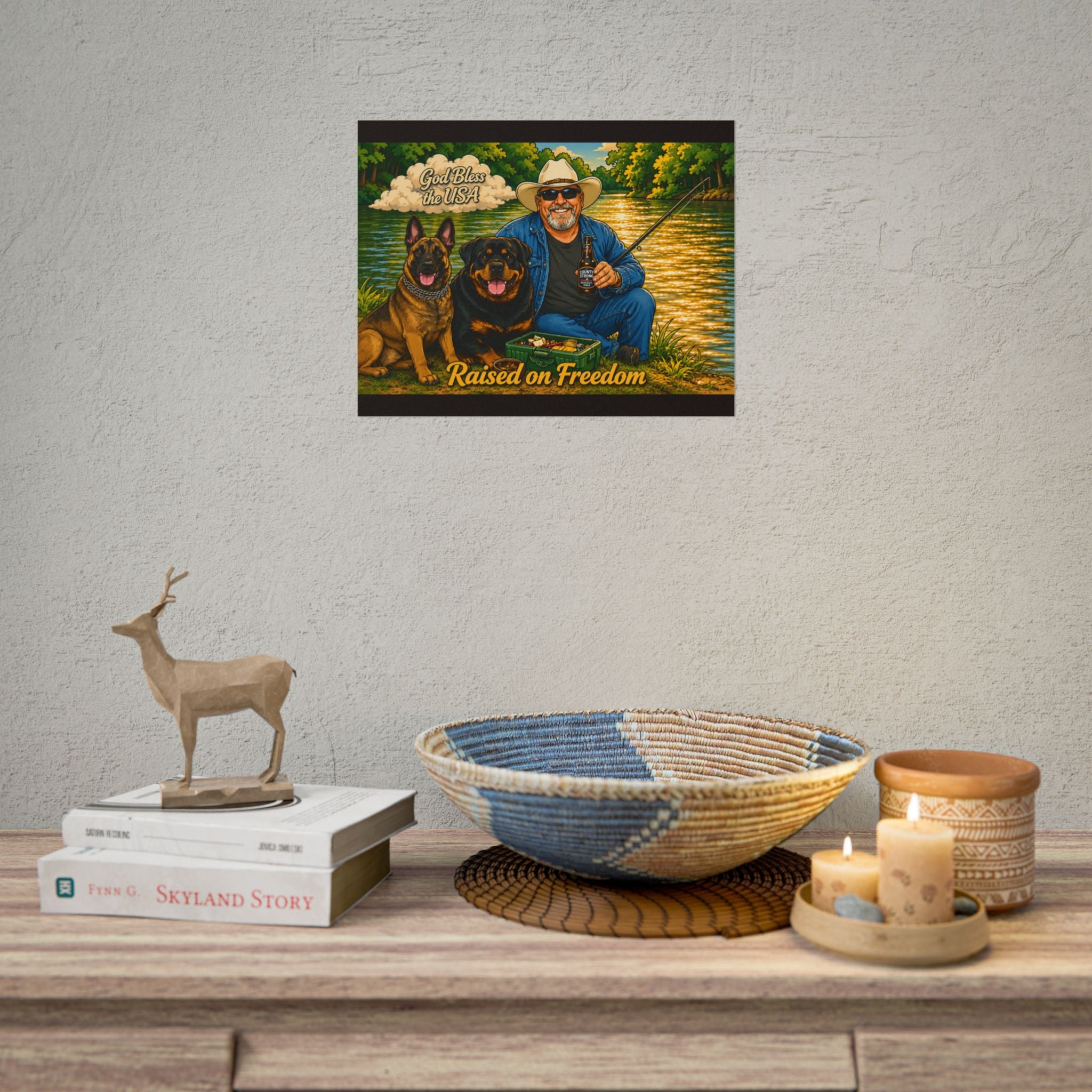 Raised on Freedom Poster — "God Bless the USA" Fishing Scene with Dogs
