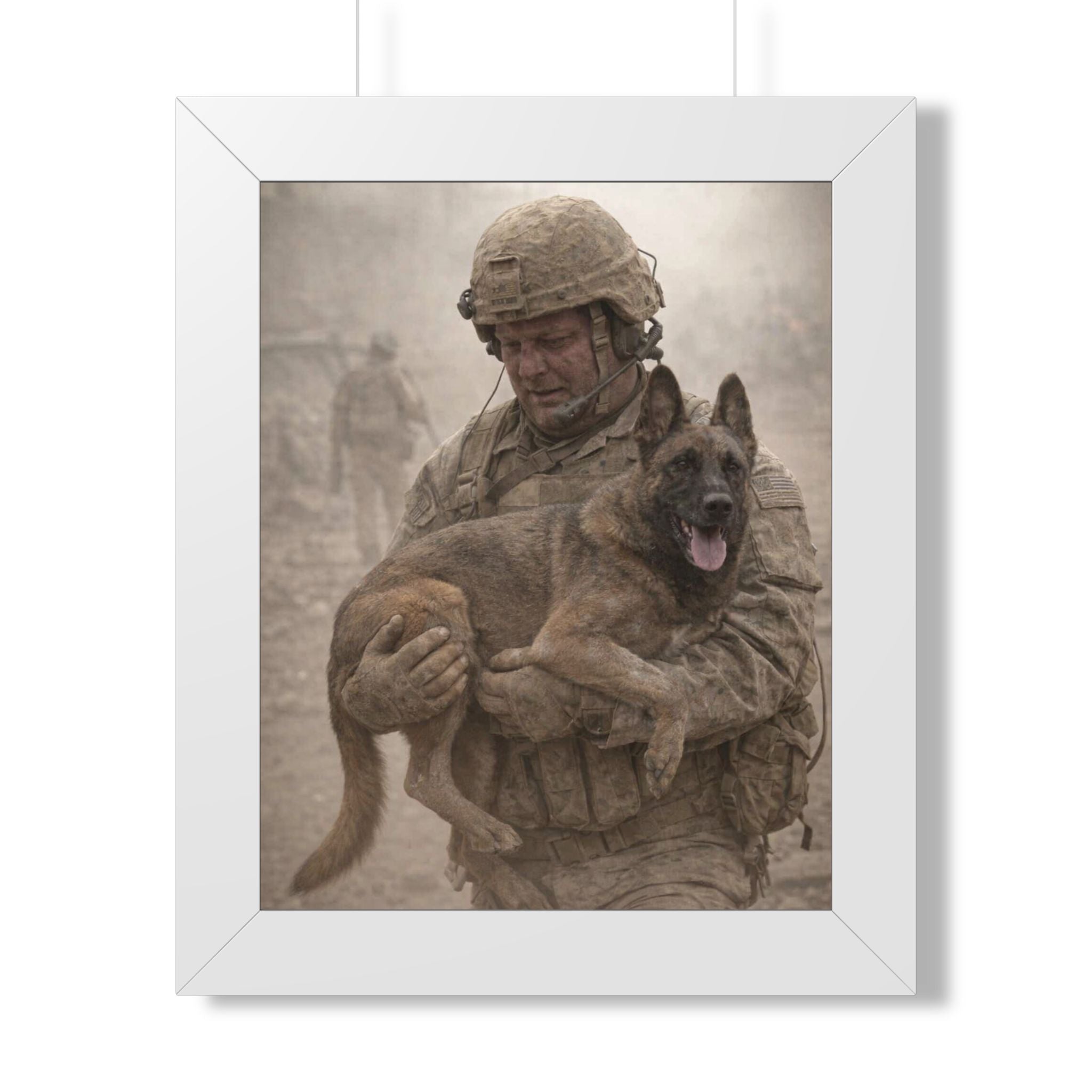 Framed Poster — Soldier Holding Military Working Dog (Veteran Tribute)