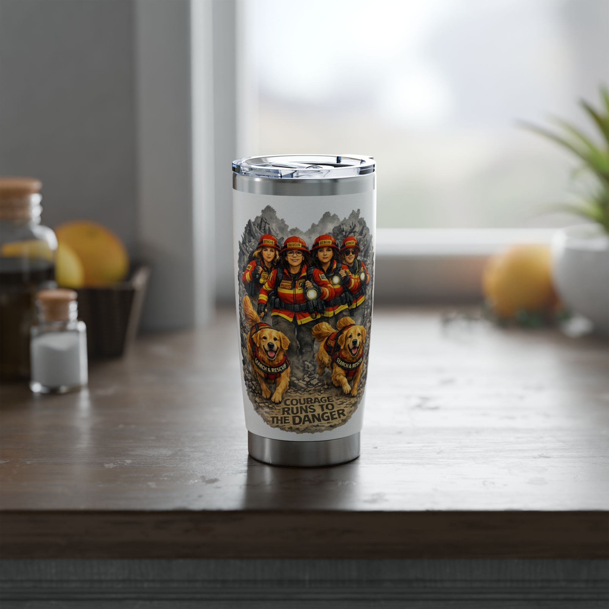 Firefighter Dog Tumbler — Golden Retriever Rescue Crew 20oz Insulated Travel Cup
