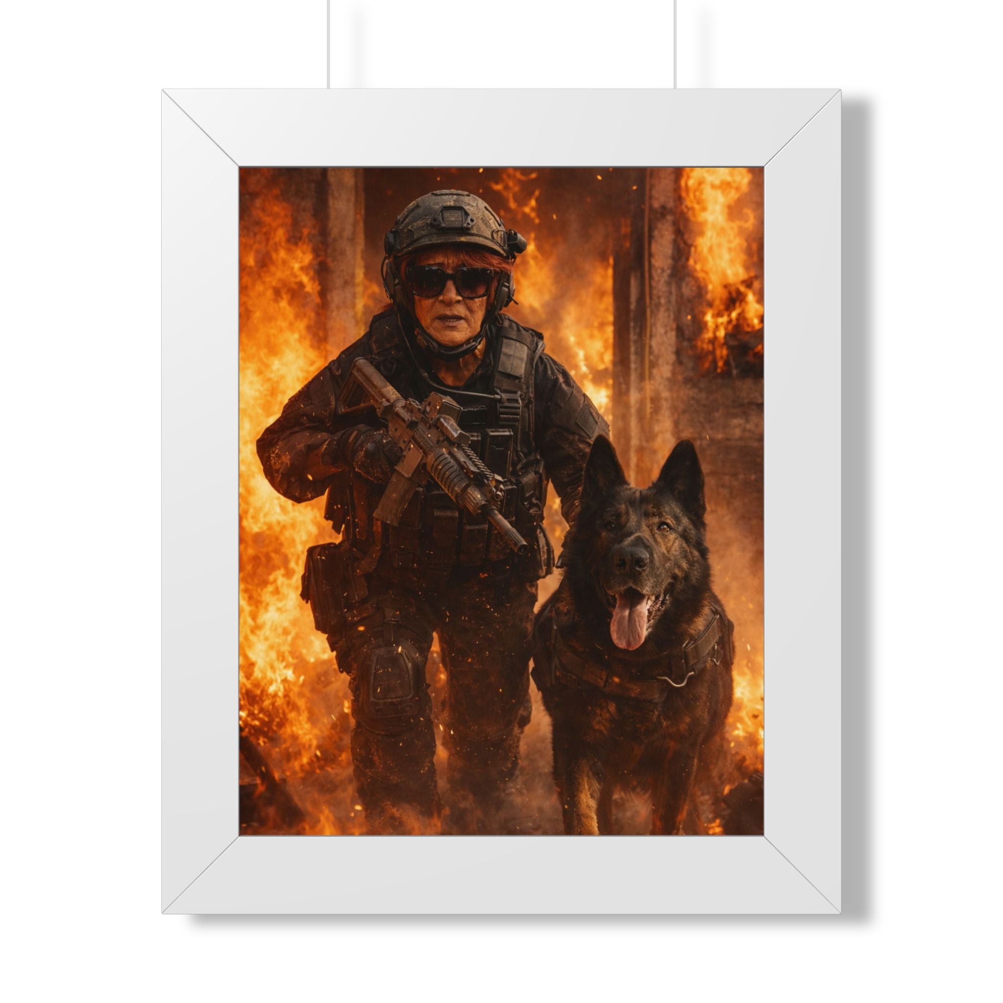 Framed Poster — Tactical Soldier with K9 in Fiery Action Scene