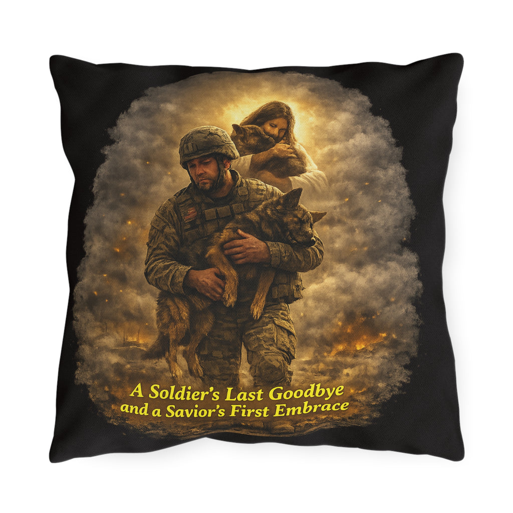 Outdoor Pillow – 'A Soldier's Last Goodbye and a Savior's First Embrace' Memorial Decorative Pillow