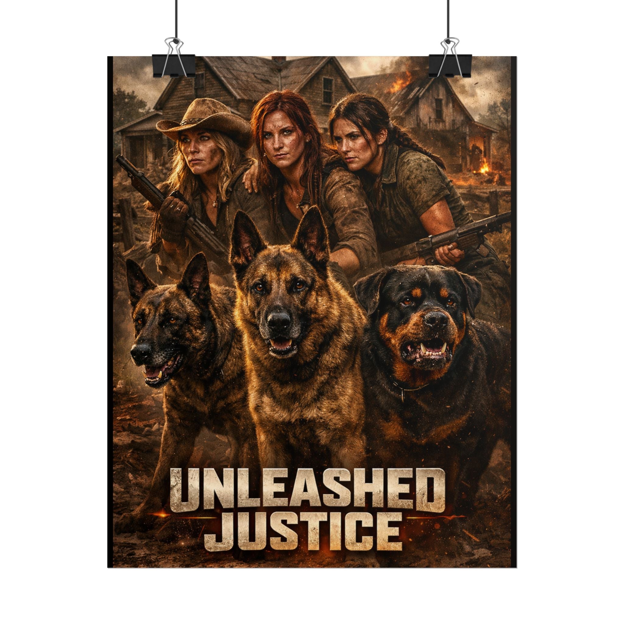 Rolled Poster — "Unleashed Justice" Action Movie Style Dog & Heroine Wall Art