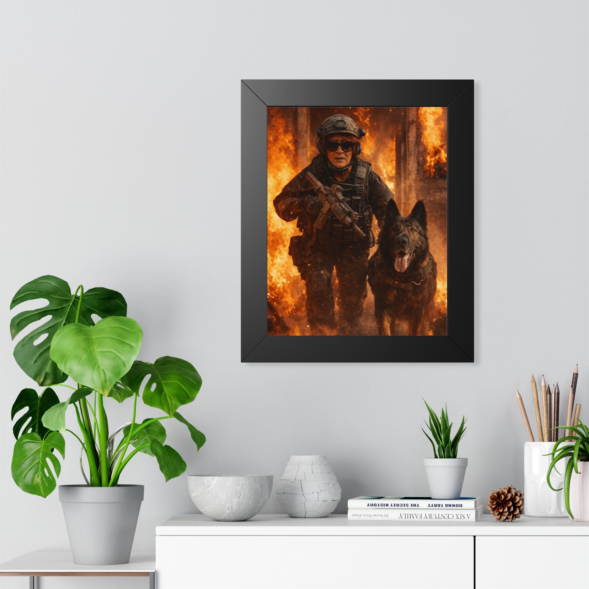 Framed Poster — Tactical Soldier with K9 in Fiery Action Scene