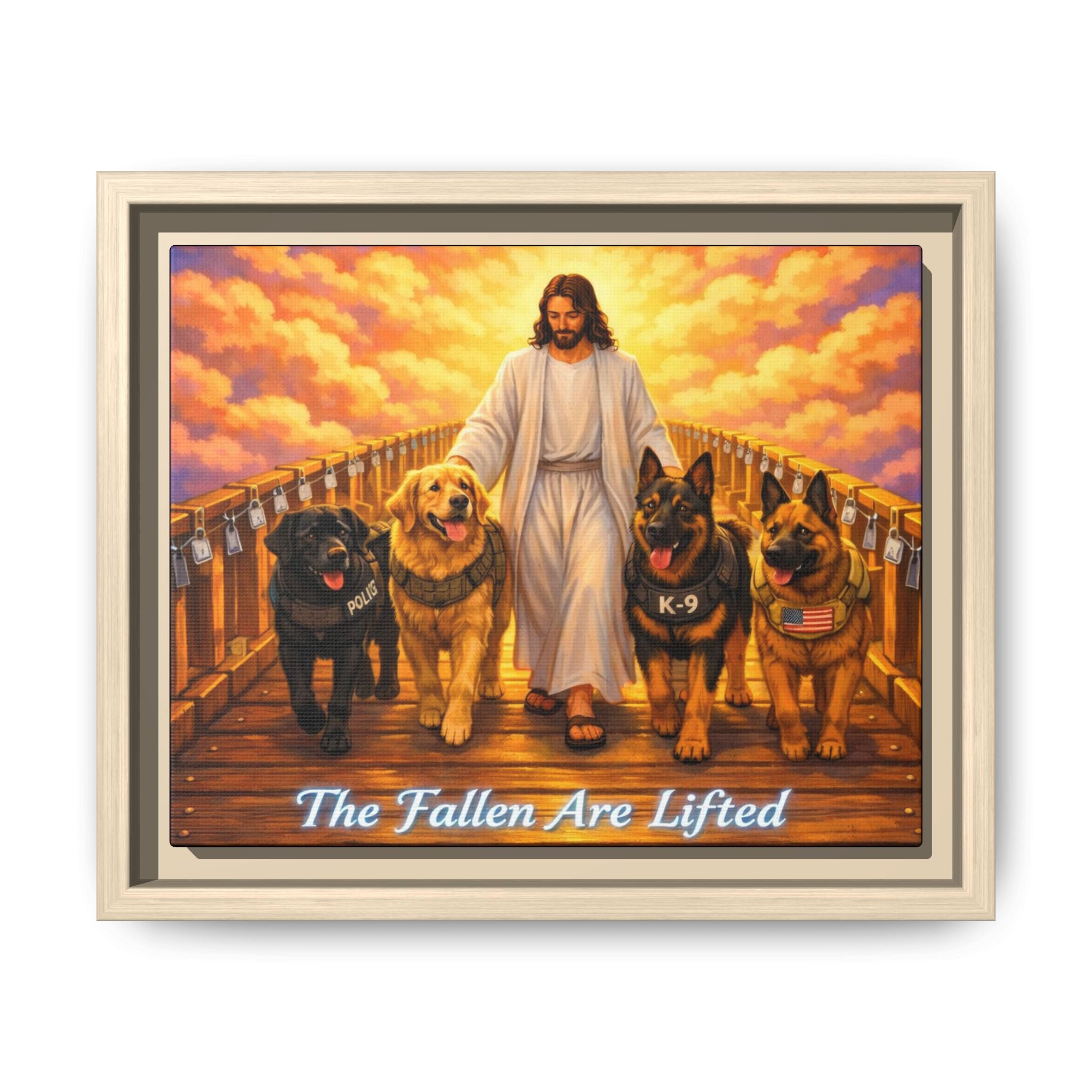 Framed Canvas Wall Art – “The Fallen Are Lifted” Jesus with K-9 Dogs Memorial Print
