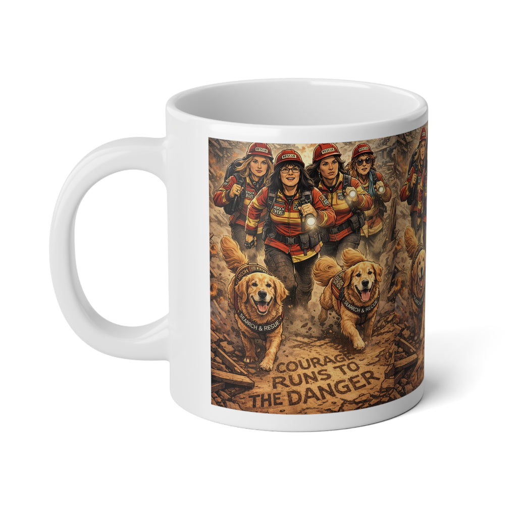 Firefighter Rescue Dogs 20oz Jumbo Mug — "Courage Runs to the Danger" Tribute Coffee Cup