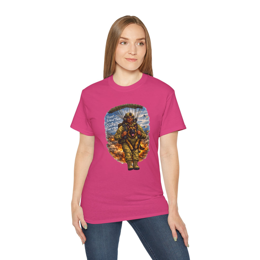 Paratrooper Veteran T‑Shirt – 'Stand Behind Those Who Served' Military Parachute Graphic Tee