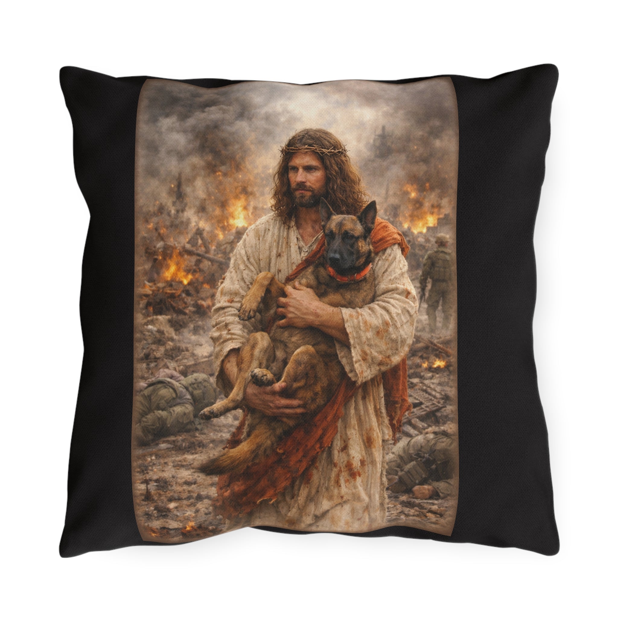Religious Rescue Outdoor Pillow — Jesus Carrying Dog Memorial Accent Cushion
