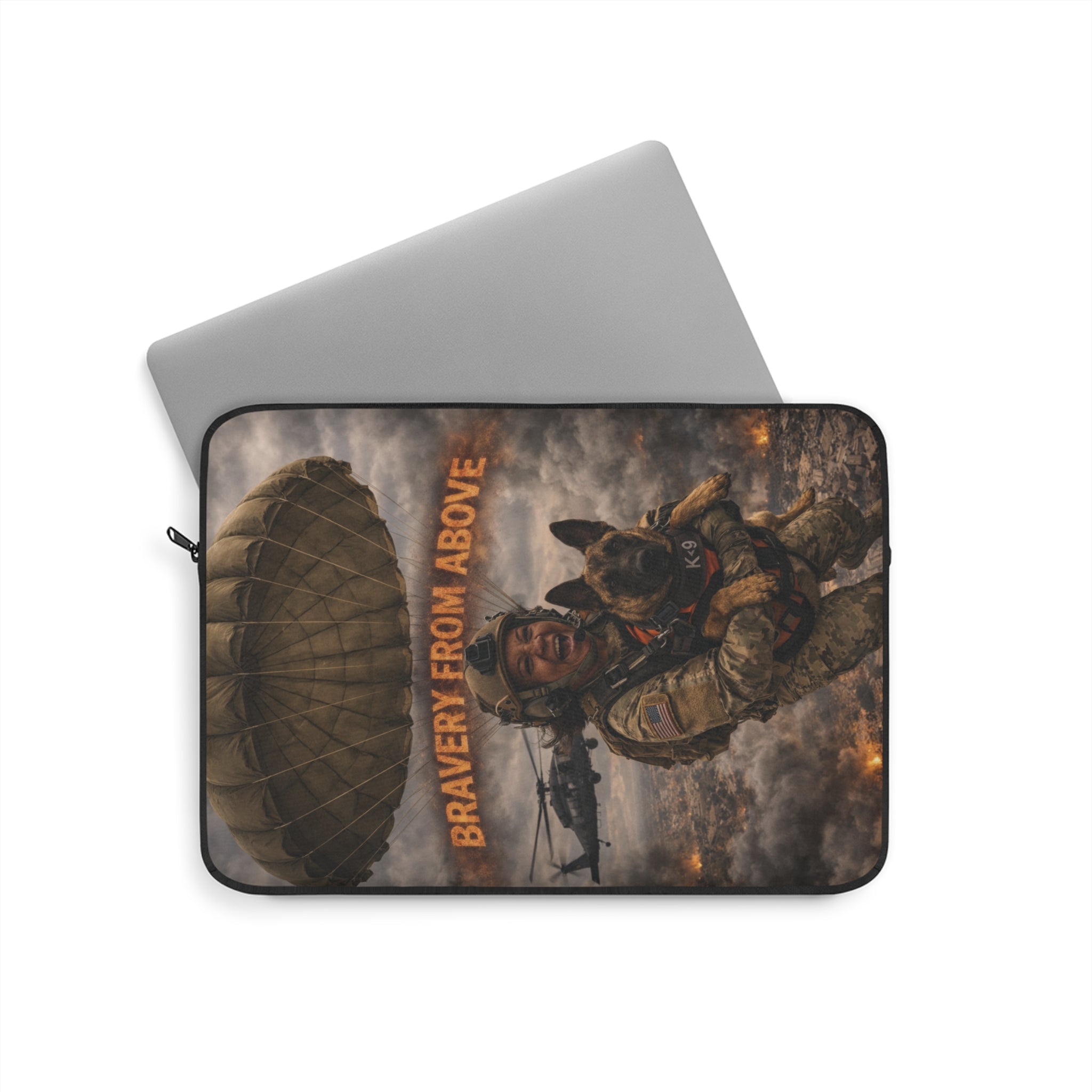 Bravery From Above Military Paratrooper Laptop Sleeve — Tactical Soldier & K9 Design