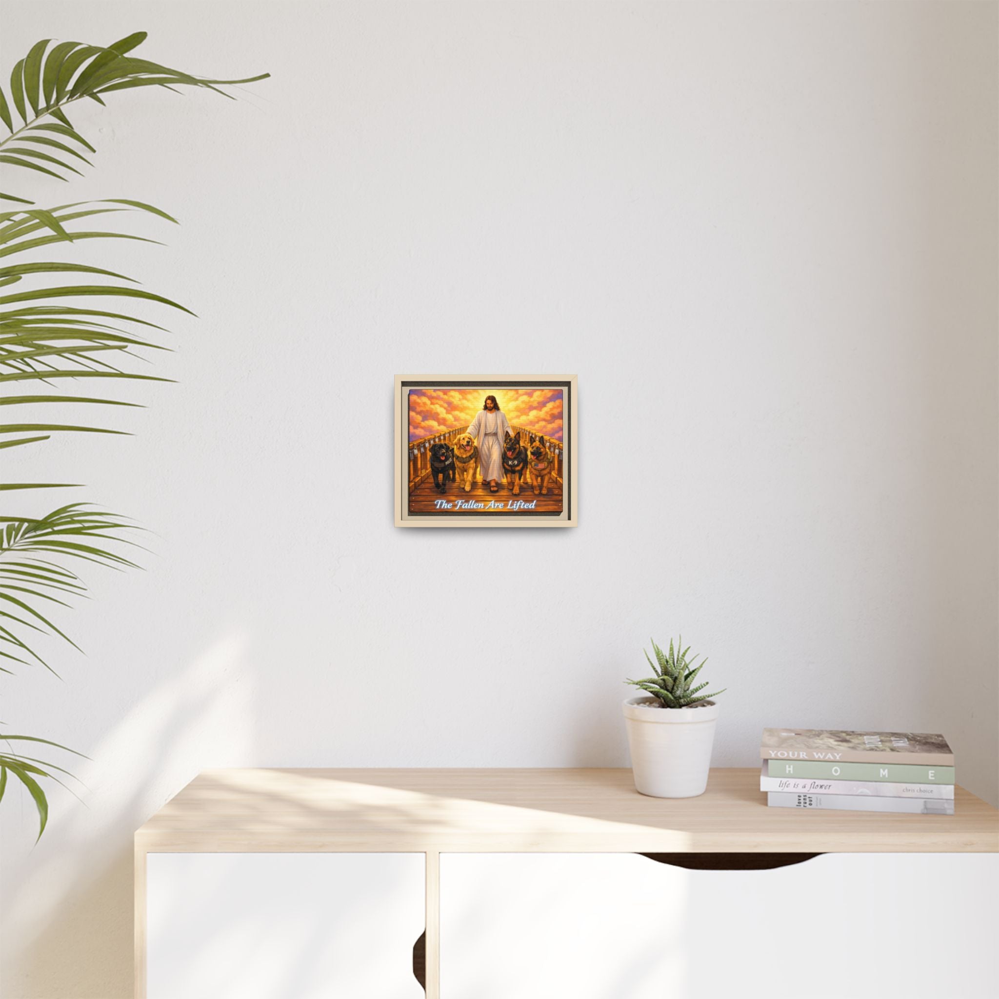 Framed Canvas Wall Art – “The Fallen Are Lifted” Jesus with K-9 Dogs Memorial Print