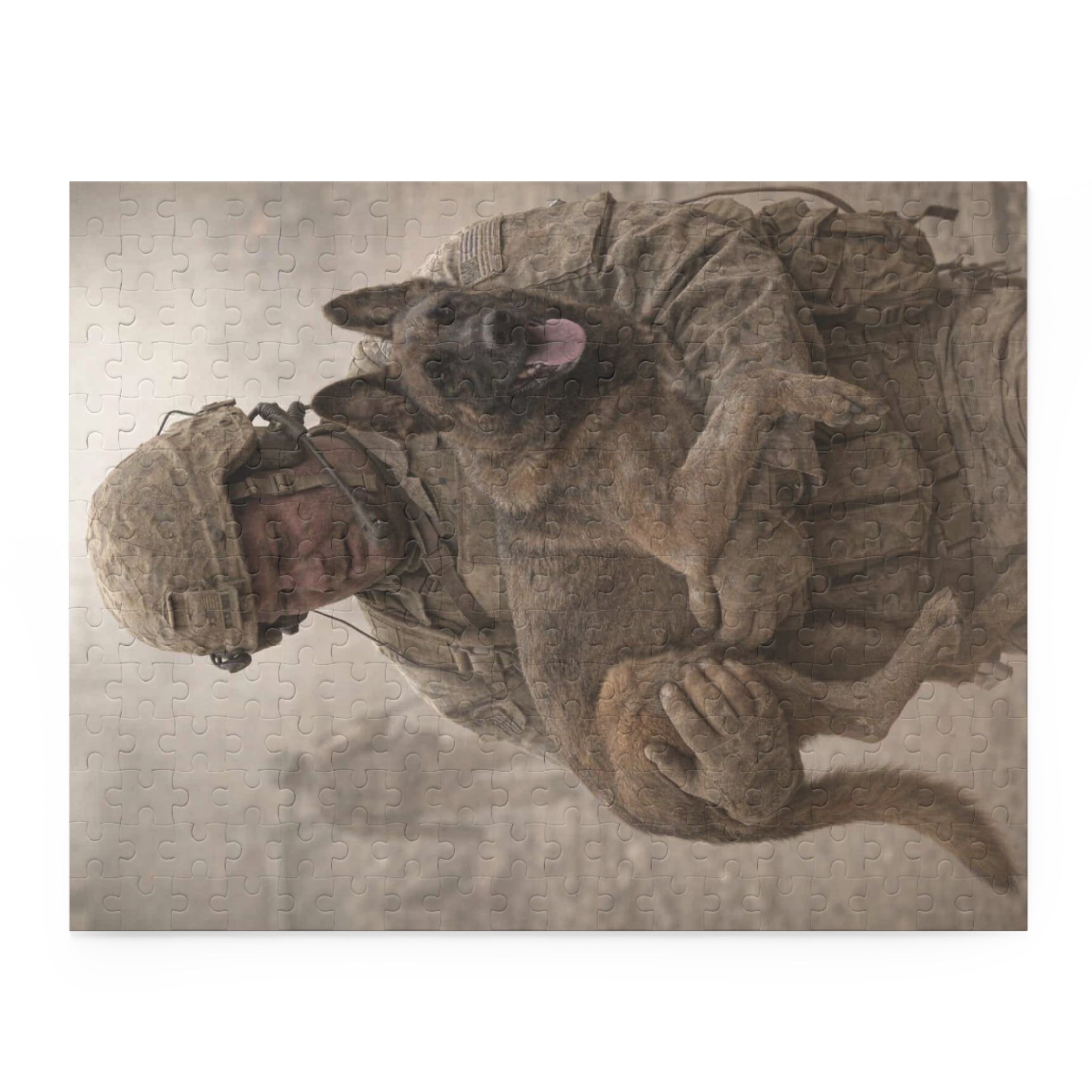 Military Soldier Holding K9 Dog Puzzle – 120/252/500-Piece Memorial Jigsaw